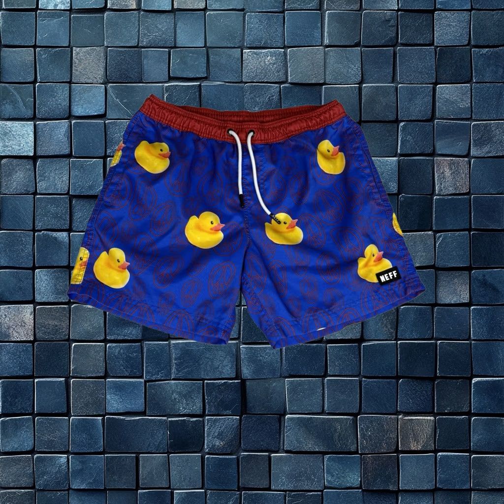 Neff Mens Medium Board Shorts Blue Red Yellow Rubber Duck Peace Sign Trunks Swim, Men's (Size 31)