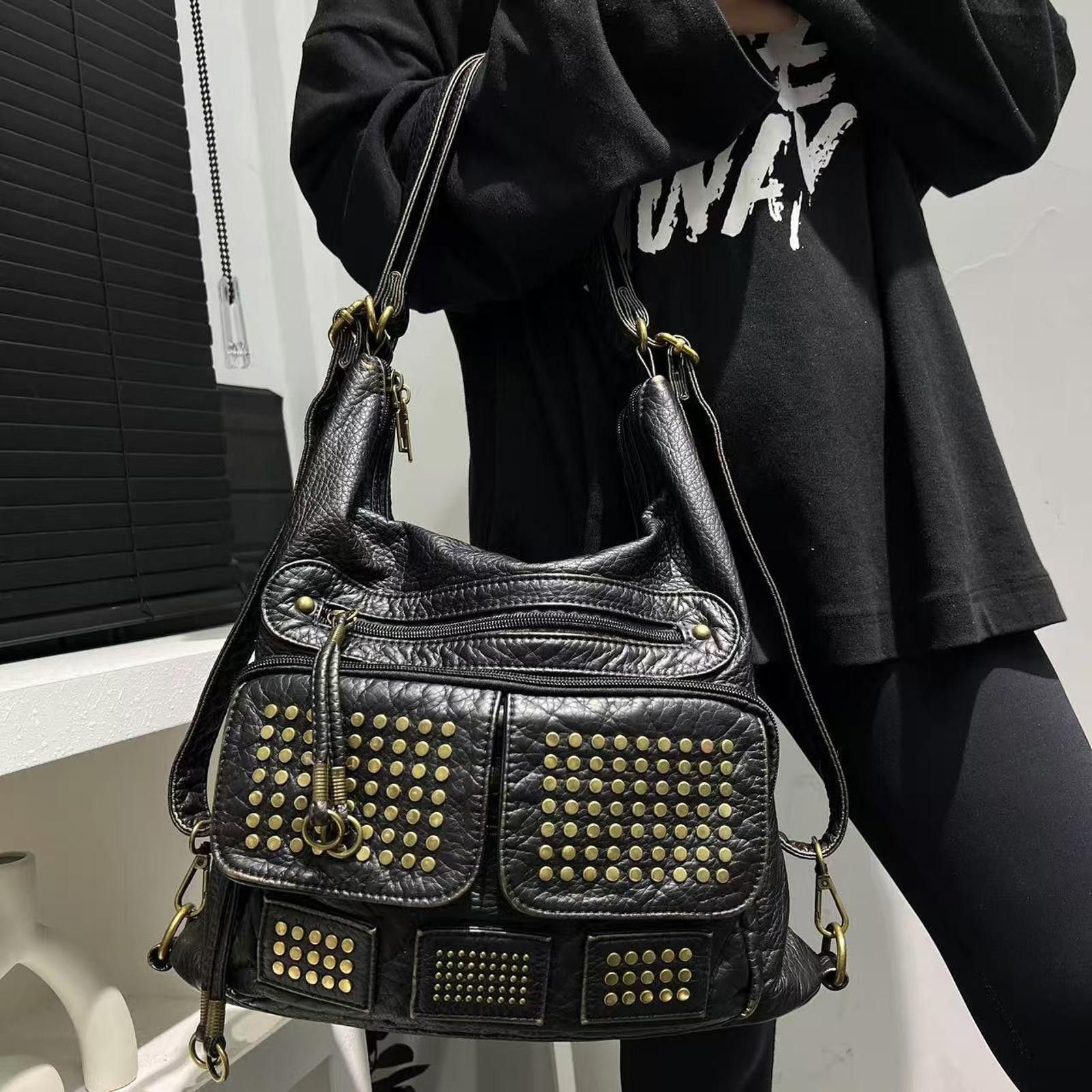 Vintage Black Studded Leather Shoulder Bag Convertible Backpack Size ONE SIZE - 4 Thumbnail