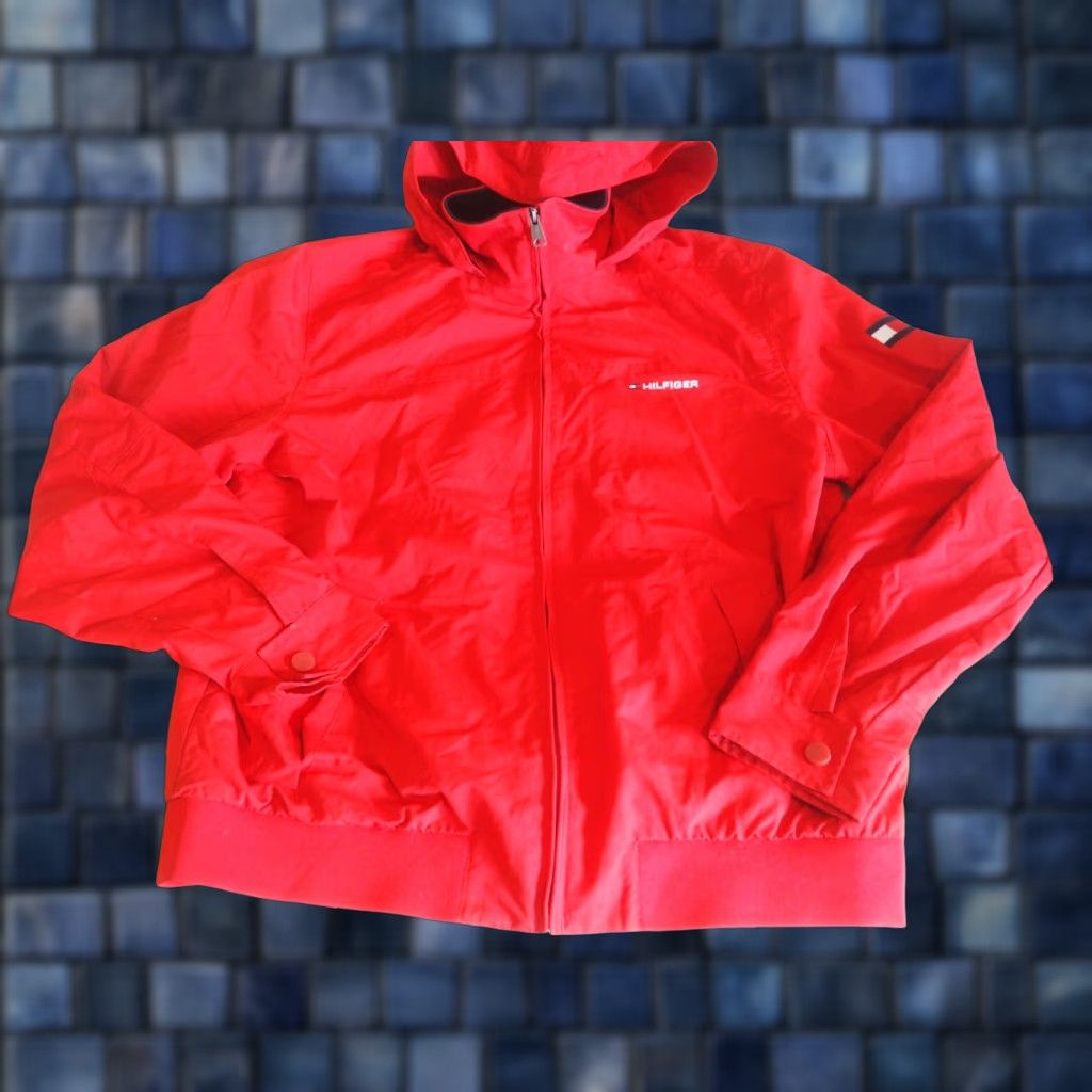 Tommy Hilfiger TOMMY HILFIGER Red Hooded Nylon Jacket Zip Logo FLAG Mens Large L EUC Jacket Mens Red Hooded Nylon Zip Logo Flag Size US M / EU 48-50 / 2 - 1 Thumbnail