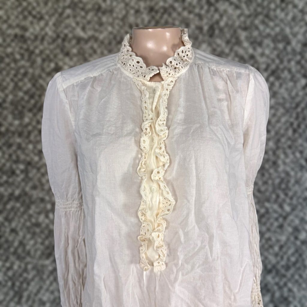 ME+EM ME+EM Womens Shirt S 12 Cotton Button Ruffle Collar Long Sleeve Smocked Cream Bohemian 12 Mens Womens Size XL / US 12-14 / IT 48-50 - 1 Thumbnail
