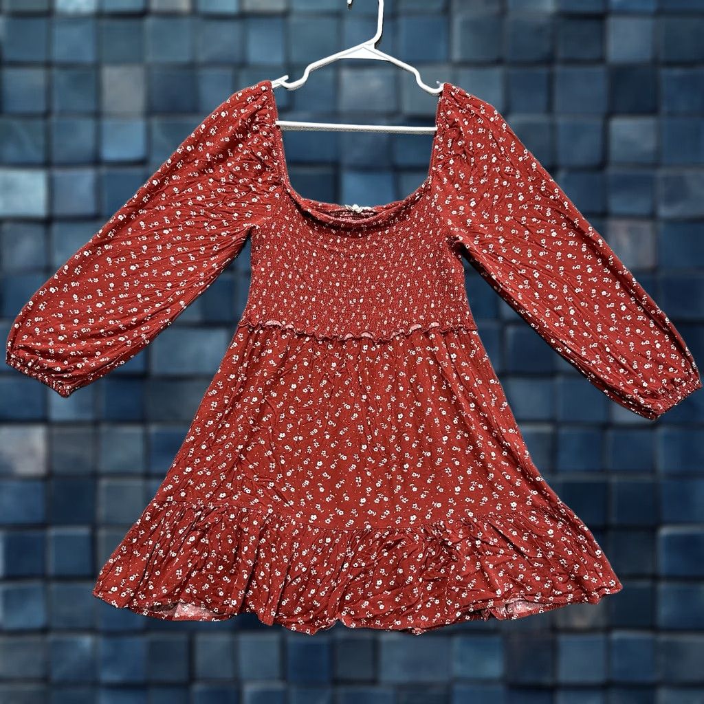 Vintage LA Hearts Mini Dress Womens L Floral Smocked Bodice Ruffle A Line Long Sleeve Red Size L / US 10 / IT 46 - 1 Thumbnail
