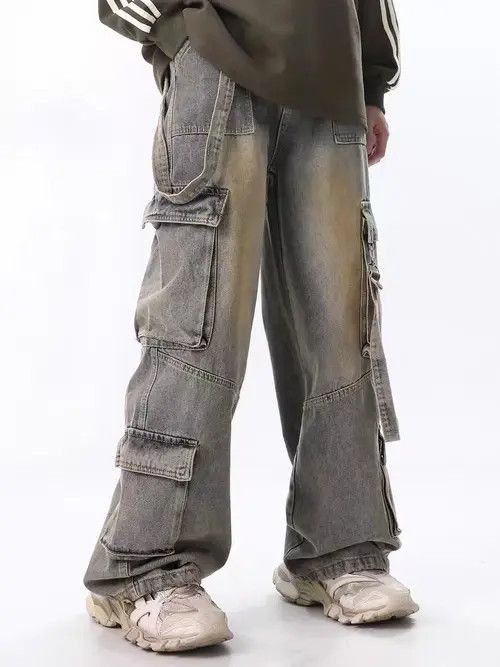 VIBE Retro Yellow Mud-Dye Distressed Pocket Cargo Jeans Size US 34 / EU 50 - 8 Thumbnail