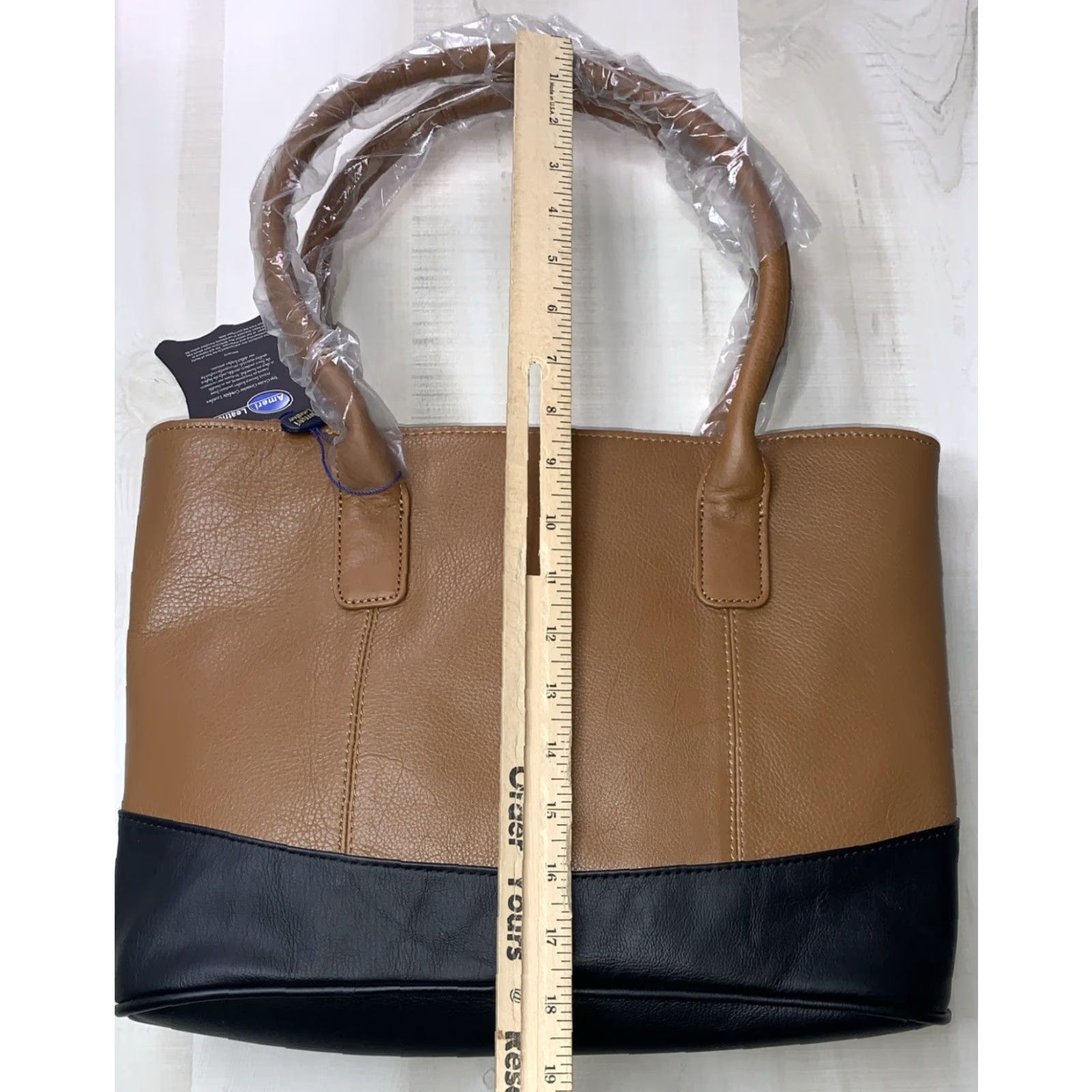 Vintage Ameri Leather Two Tone Tote Shoulder Bag Purse Brown/Black 15Lx11H NEW! Size ONE SIZE - 4 Thumbnail