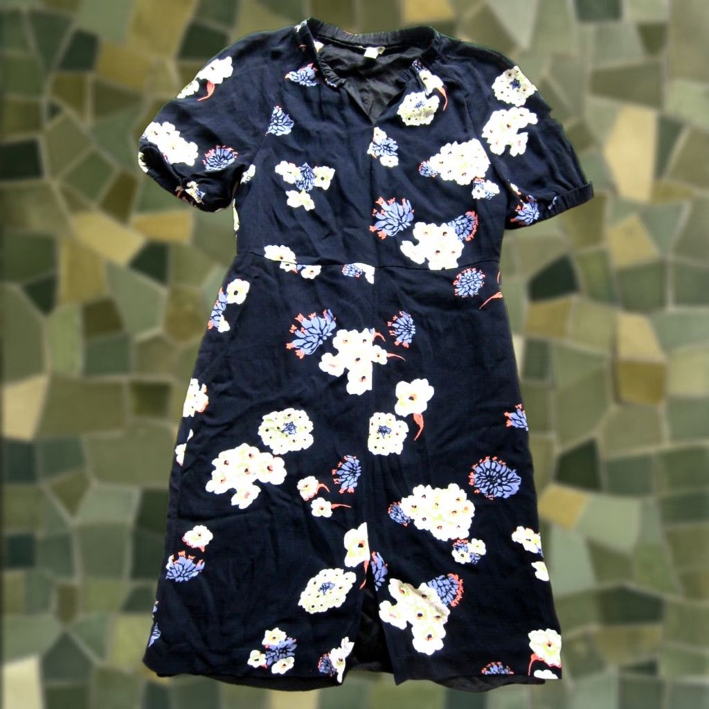 Vintage Lewit Dress Navy Blue Purple Floral Short Puff Sleeves Sheath Knee Length 12 Size 34" / US 12 / IT 48 - 1 Thumbnail