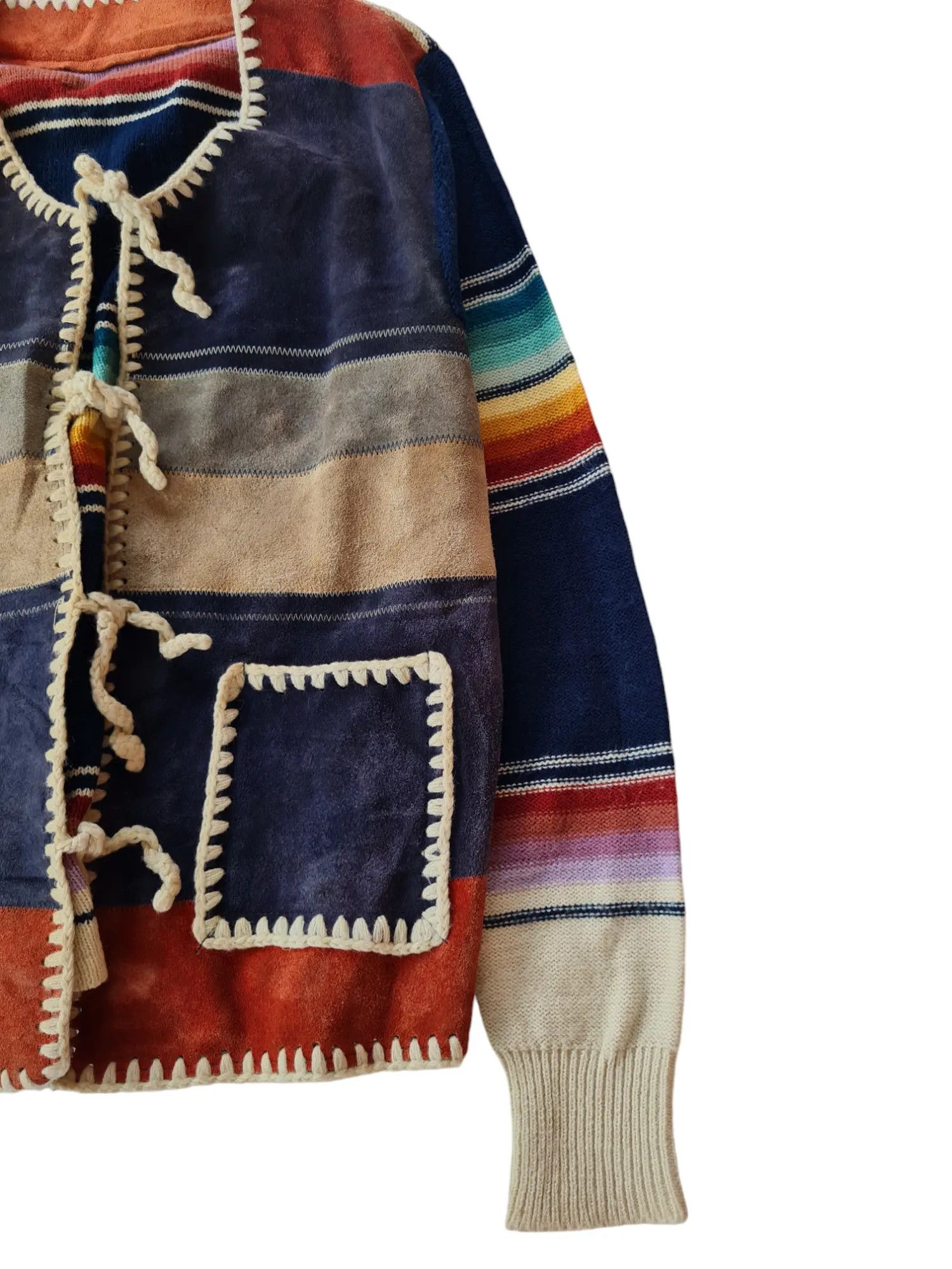 Vintage KNIT & SUEDE STRIPED TEXTILE PATCHWORK CARDIGAN Size US M / EU 48-50 / 2 - 6 Thumbnail