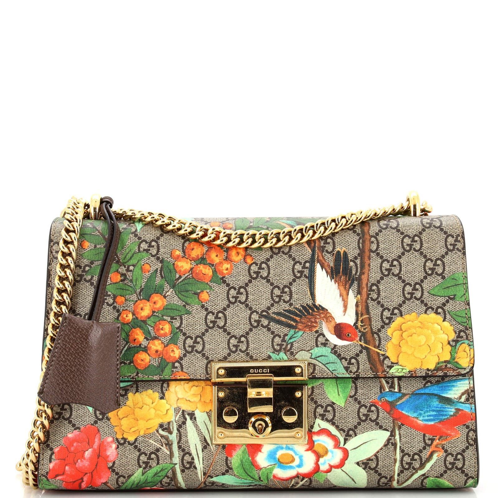 image of Gucci Padlock Shoulder Bag Tian Print GG Coated Canvas Medium in Brown, Women's