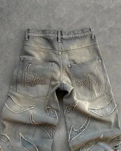 Designer × Japanese Brand × Jean Retro Raw Edge Embroidery Baggy Jeans Size US 31 - 4 Thumbnail