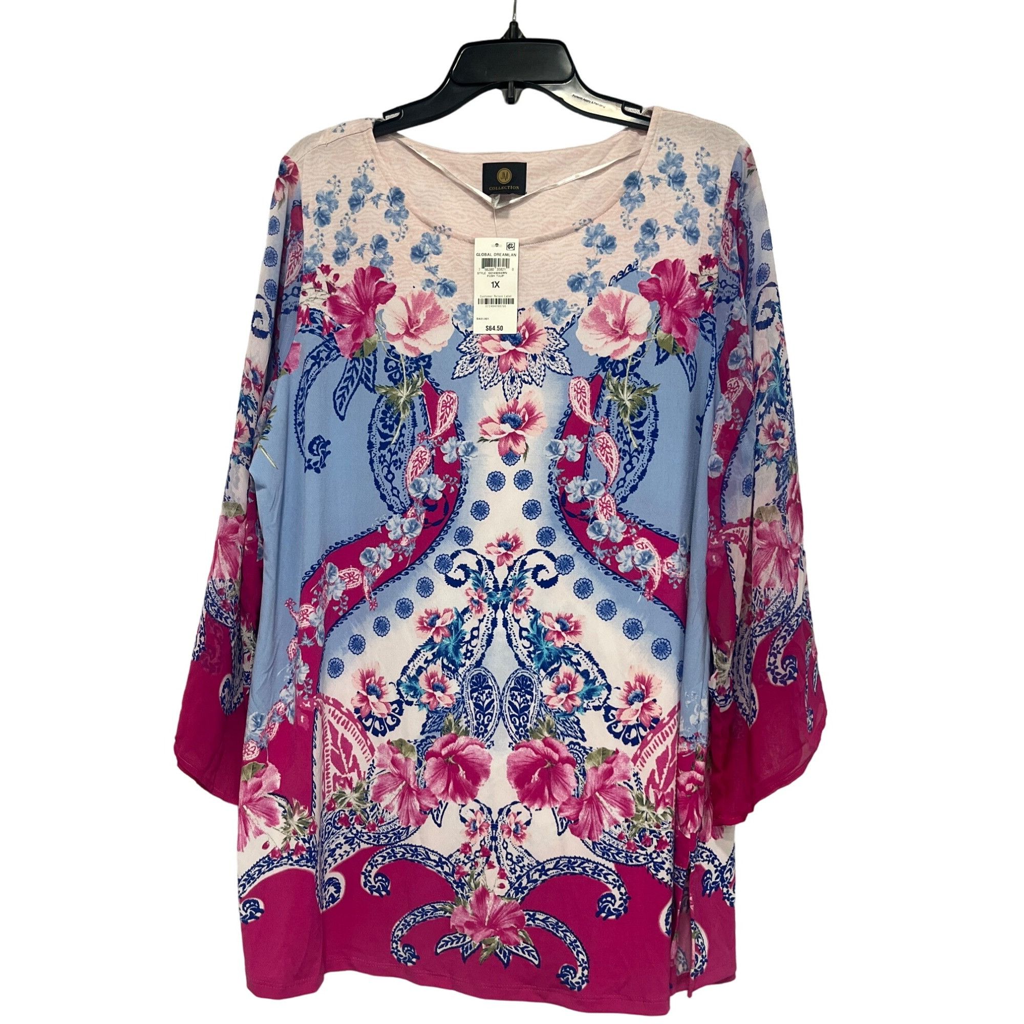 JM Collection JM Collection Tulip Sleeve Plus Size Printed Top, Fuchsia, 1 Size ONE SIZE - 3 Thumbnail