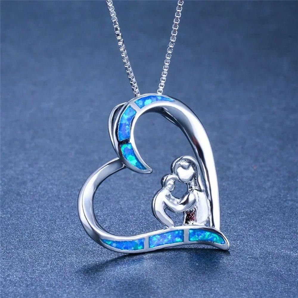 Designer Selfless Mom Love Baby Heart Pendant Blue Opal Necklace Size ONE SIZE - 1 Thumbnail