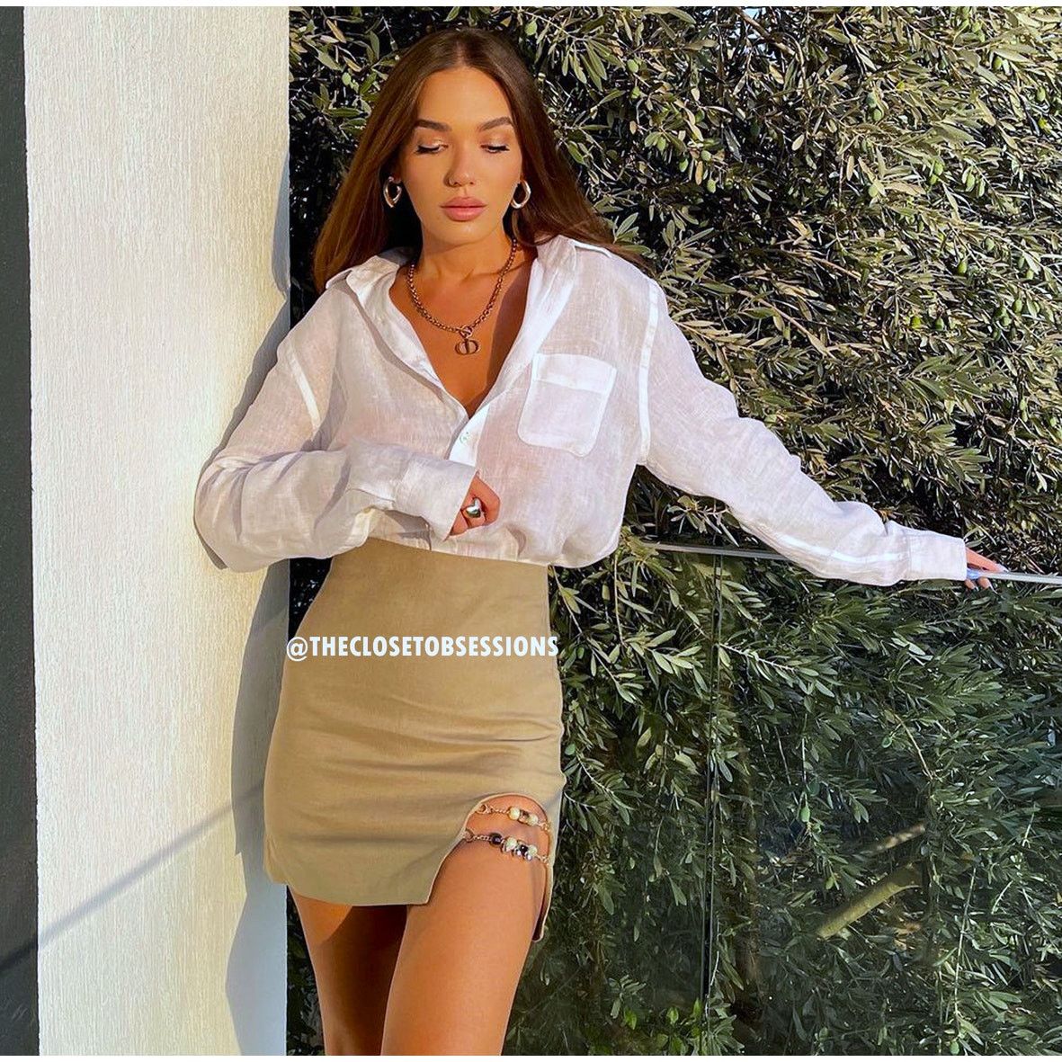 Zara Zara Tan Linen Mini Skirt Slit Beaded Detail High Waisted Size 33" - 4 Thumbnail