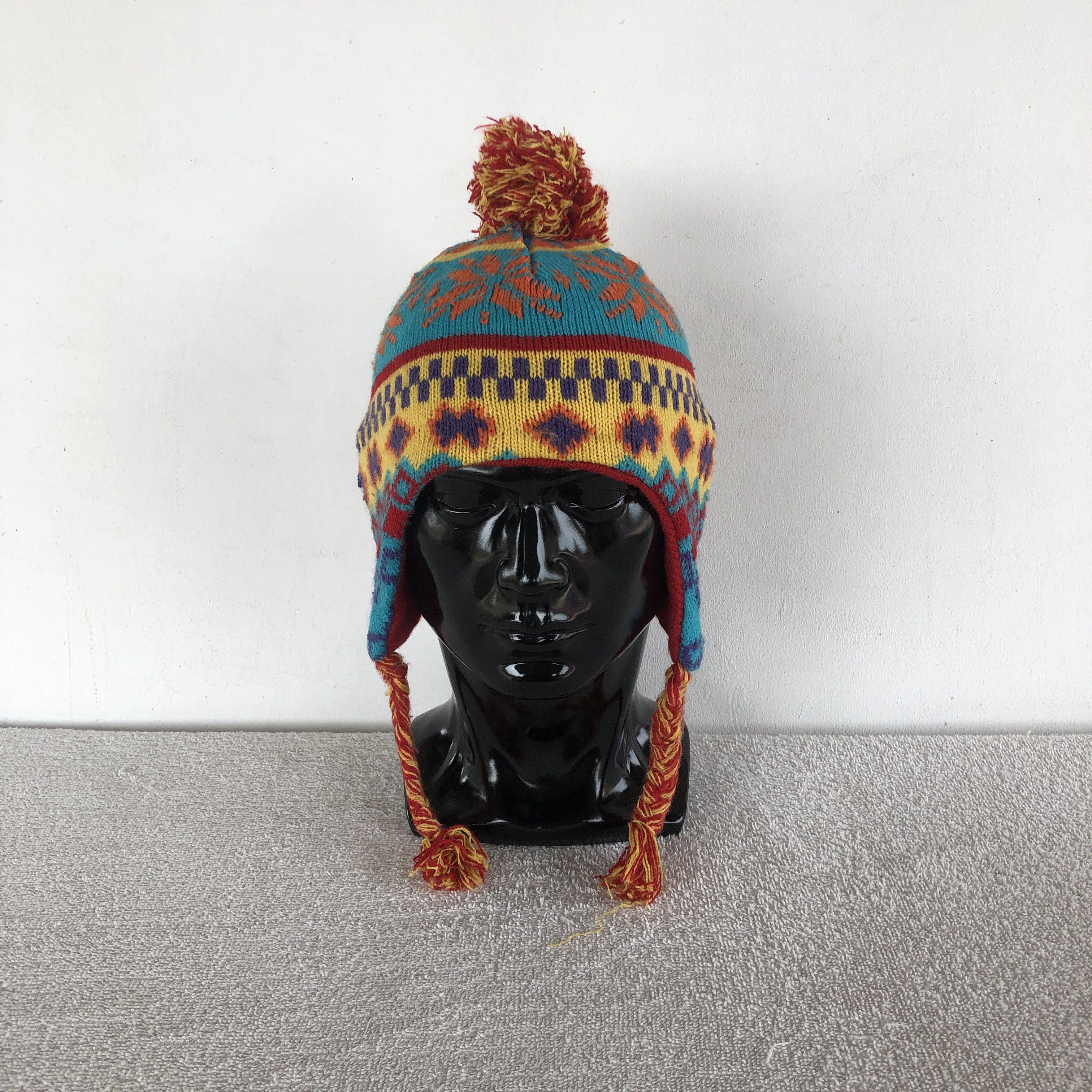 Japanese Brand × Other Vintage 90s Navajo Aztec Earflap Beanie Pom Snow Caps Hats Size ONE SIZE - 2 Thumbnail