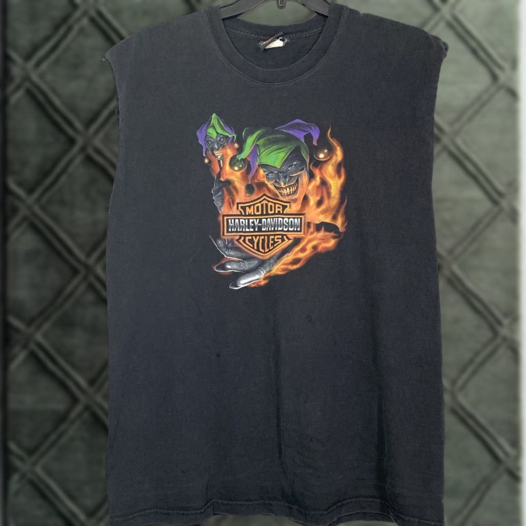 Harley Davidson VINTAGE Harley-Davidson Jester T Shirt Sleeveless XL Black 90s Biker Motorcycle Mens Shirt Size US XL / EU 56 / 4 - 1 Thumbnail