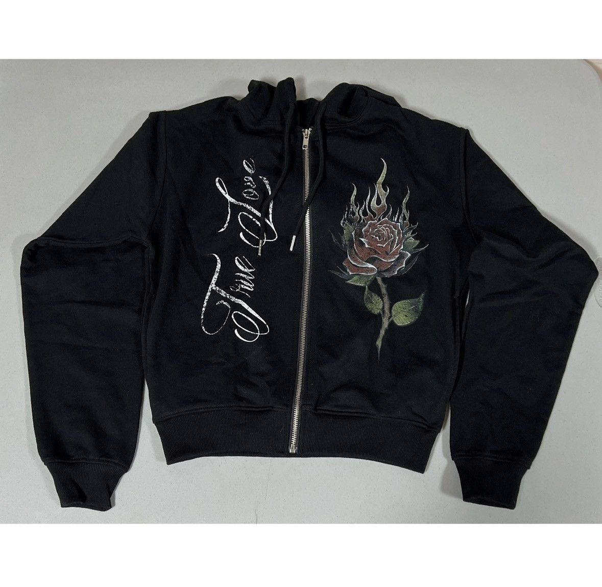 Pacsun Black ‘True Love’ Floral Rose Zipper Sweatshirt Hoodie XS 🌹✨ Size XS / US 0-2 / IT 36-38 - 2 Thumbnail