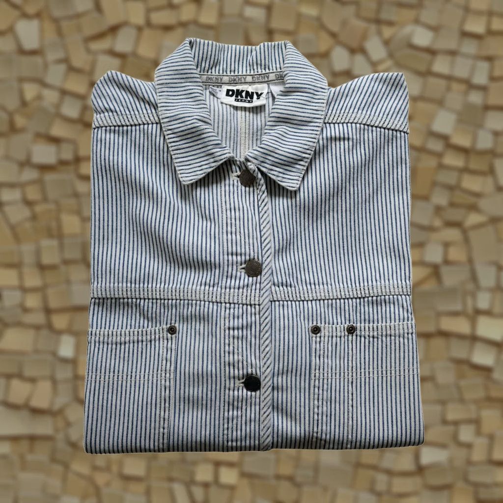DKNY VINTAGE DKNY Jacket 90s Striped Denim Overcoat Women SZ 6 Blue Railroad Chore Work Long Size M / US 6-8 / IT 42-44 - 1 Thumbnail