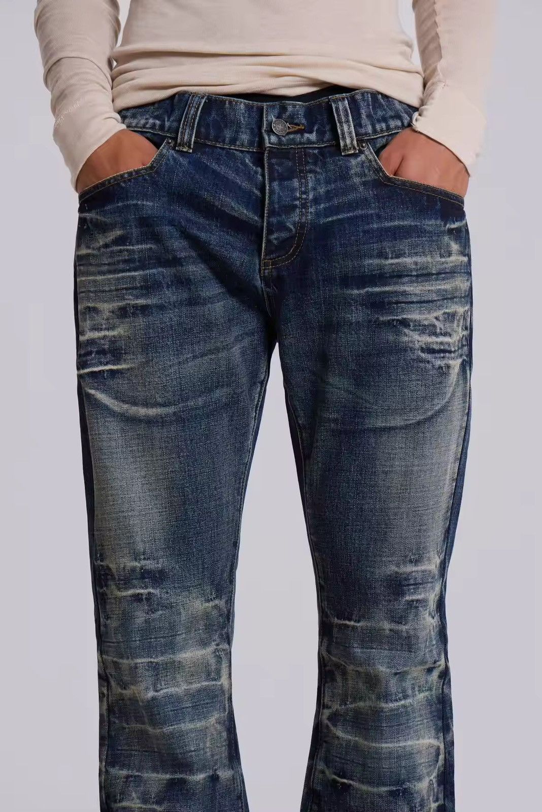 Japanese Brand Washed Blue Flared Jeans Size US 37 - 3 Thumbnail