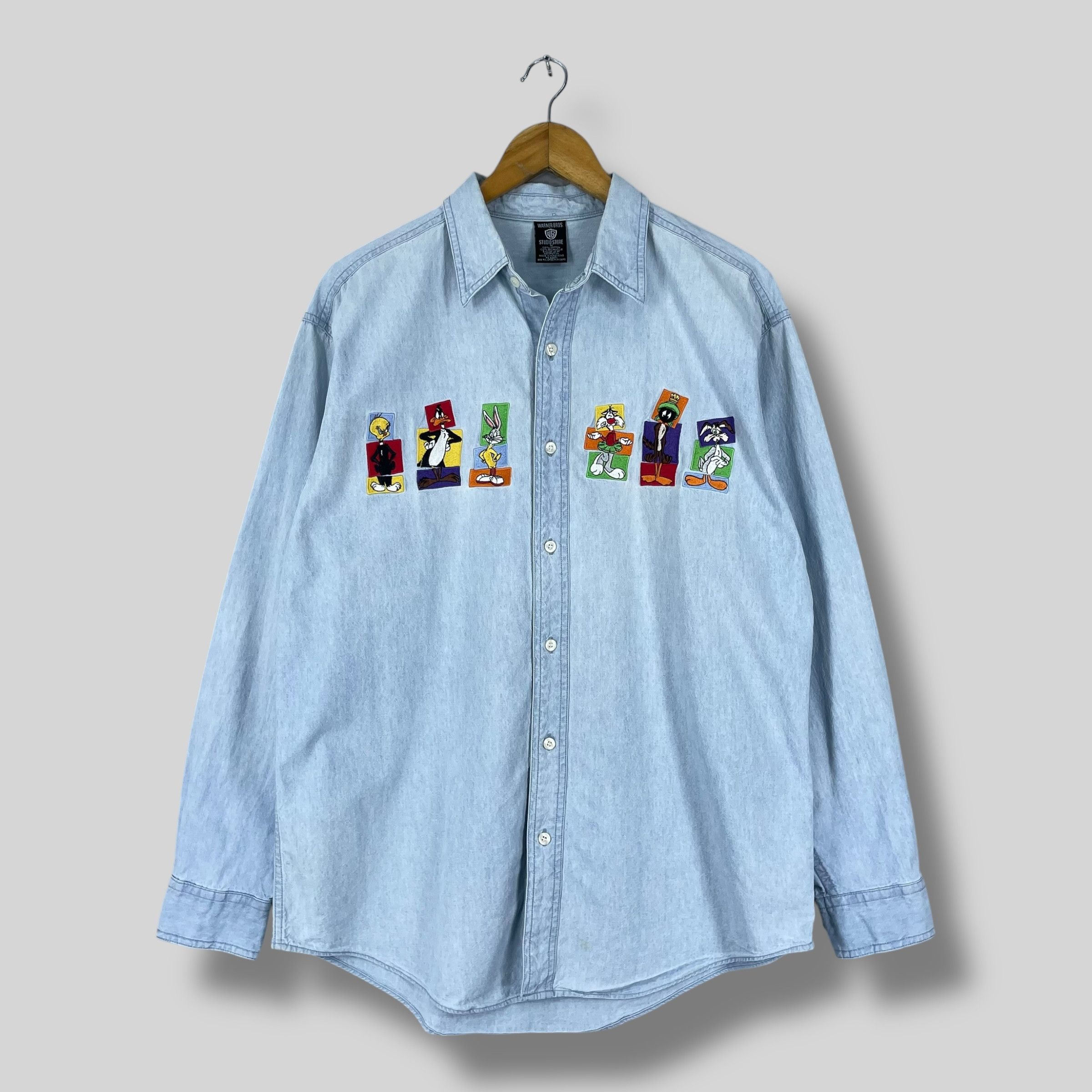 Warner Bros Vintage 90s WARNER BROS Tunes Squad Cartoon Denim Shirt Size US M / EU 48-50 / 2 - 1 Thumbnail