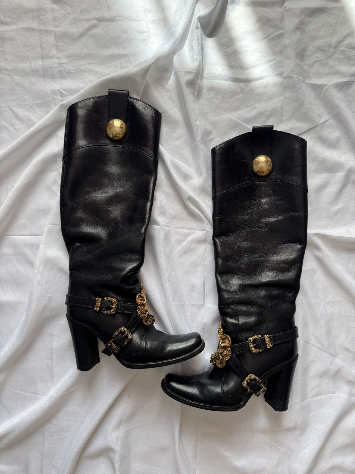 Dolce & Gabbana Dolce & Gabbana Black Leather Flower Embellished Knee Boots Size US 6 / IT 36 - 1 Thumbnail