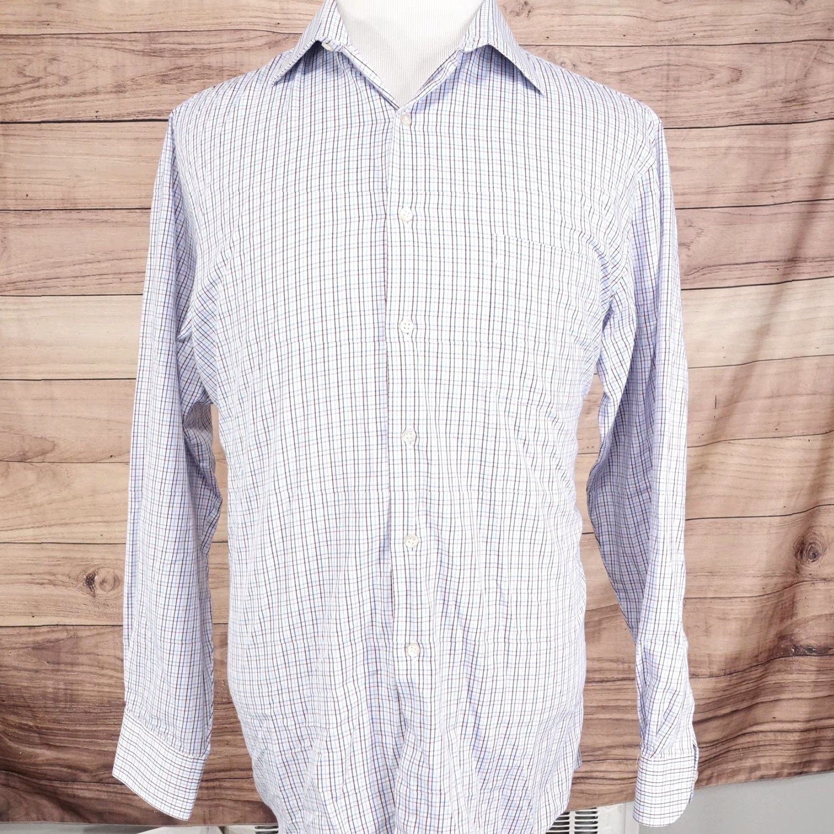 Van Heusen Van Heusen Mens Dress Shirt 16-16.5 34/35 White Check Wrinkle Free Regular Fit Size 46R - 3 Thumbnail