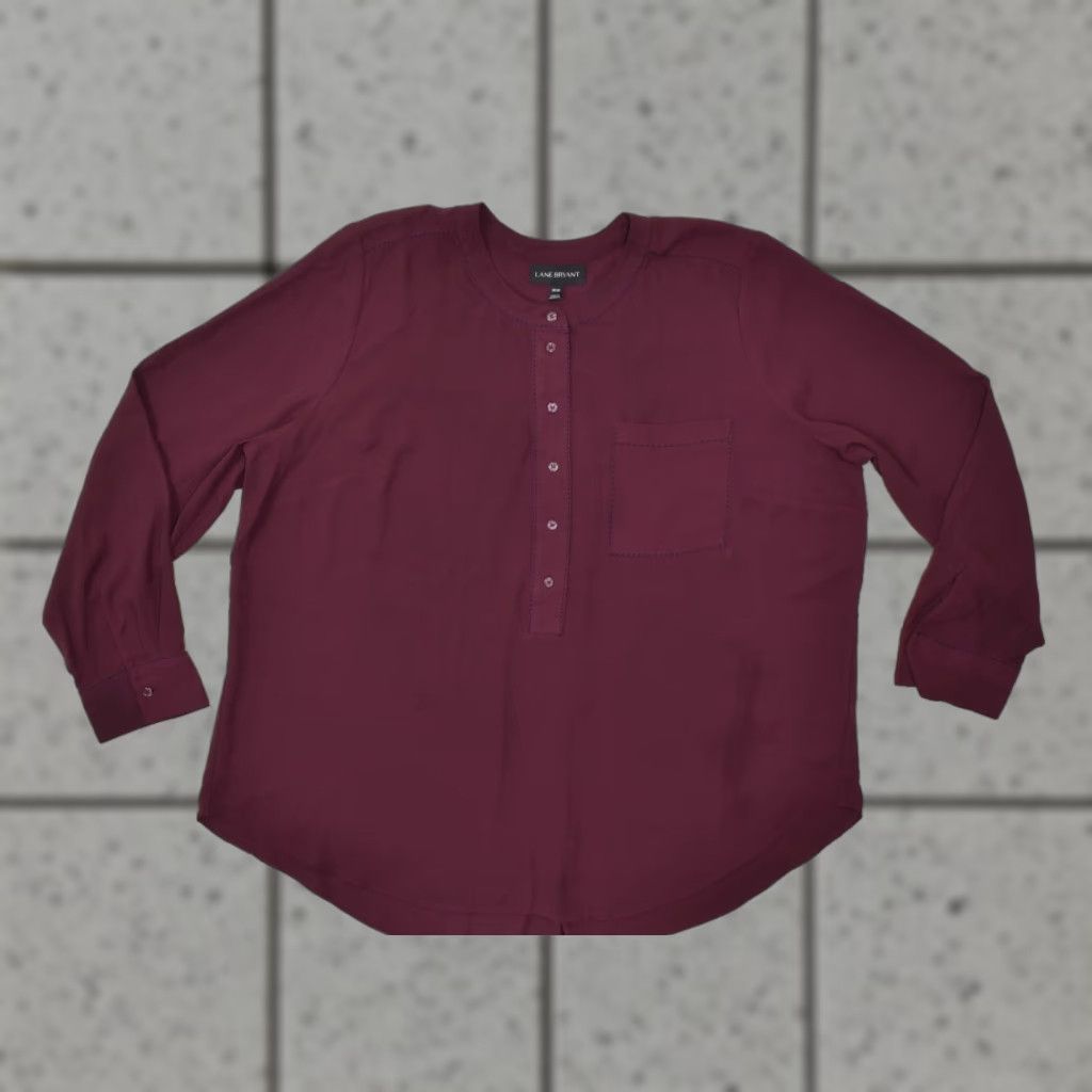 Vintage Lane Bryant Women 18/20 Maroon Henley Blouse Long Sleeve Pleated Back Career Top Size XXL / US 16-18 / IT 52-54 - 1 Thumbnail
