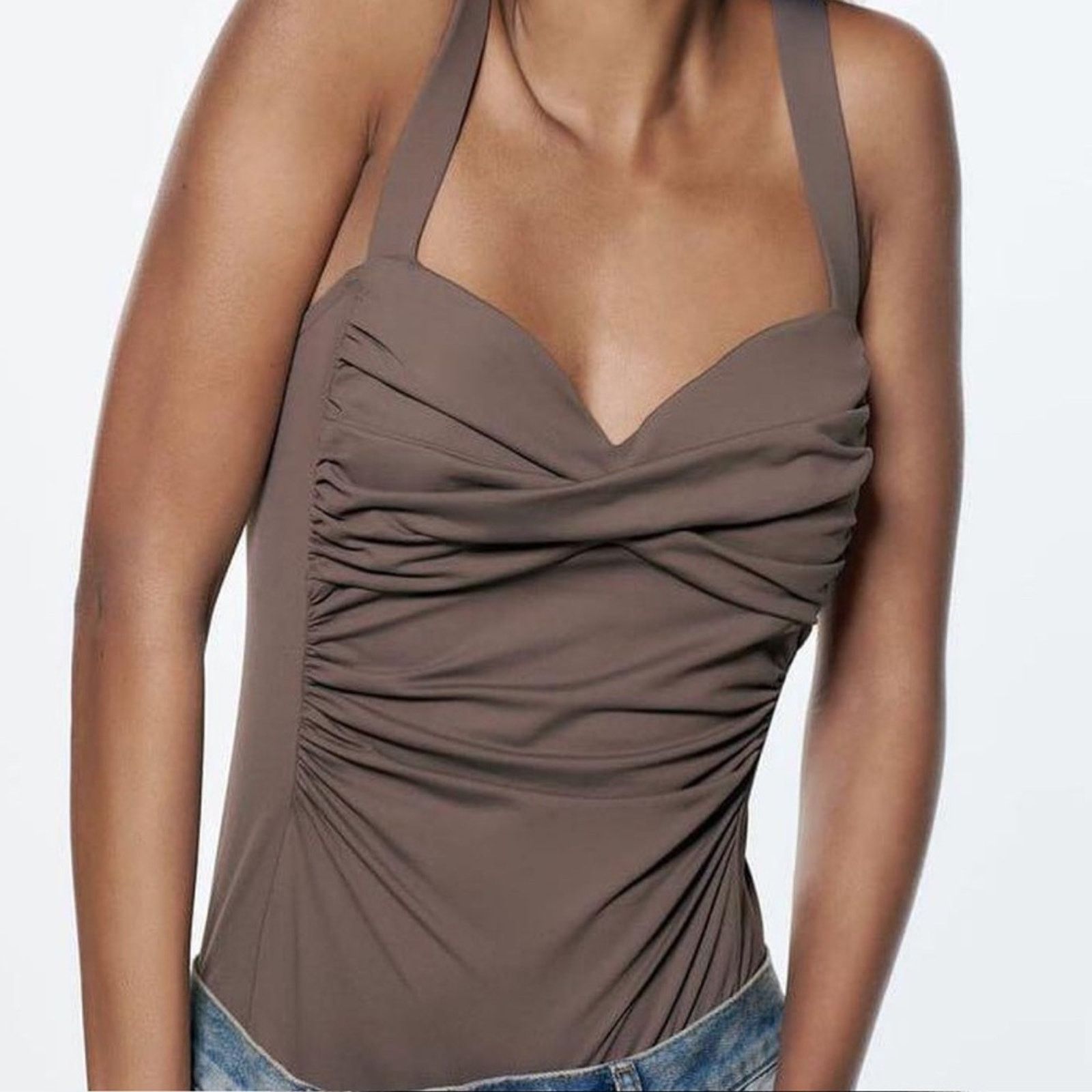 Zara Zara Draped Ruched Bodysuit Top Brown Size L Size L / US 10 / IT 46 - 3 Thumbnail