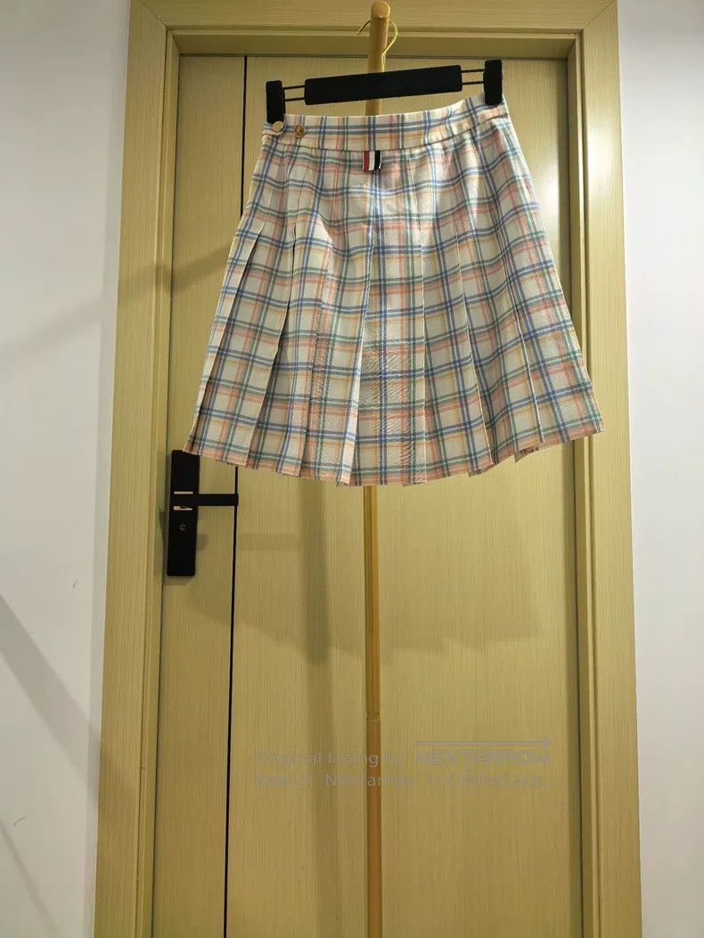 Thom Browne Thom Browne Gingham Wool Pleated Skirt, White Base with Bl Size 25" / US 0 / IT 36 - 2 Thumbnail