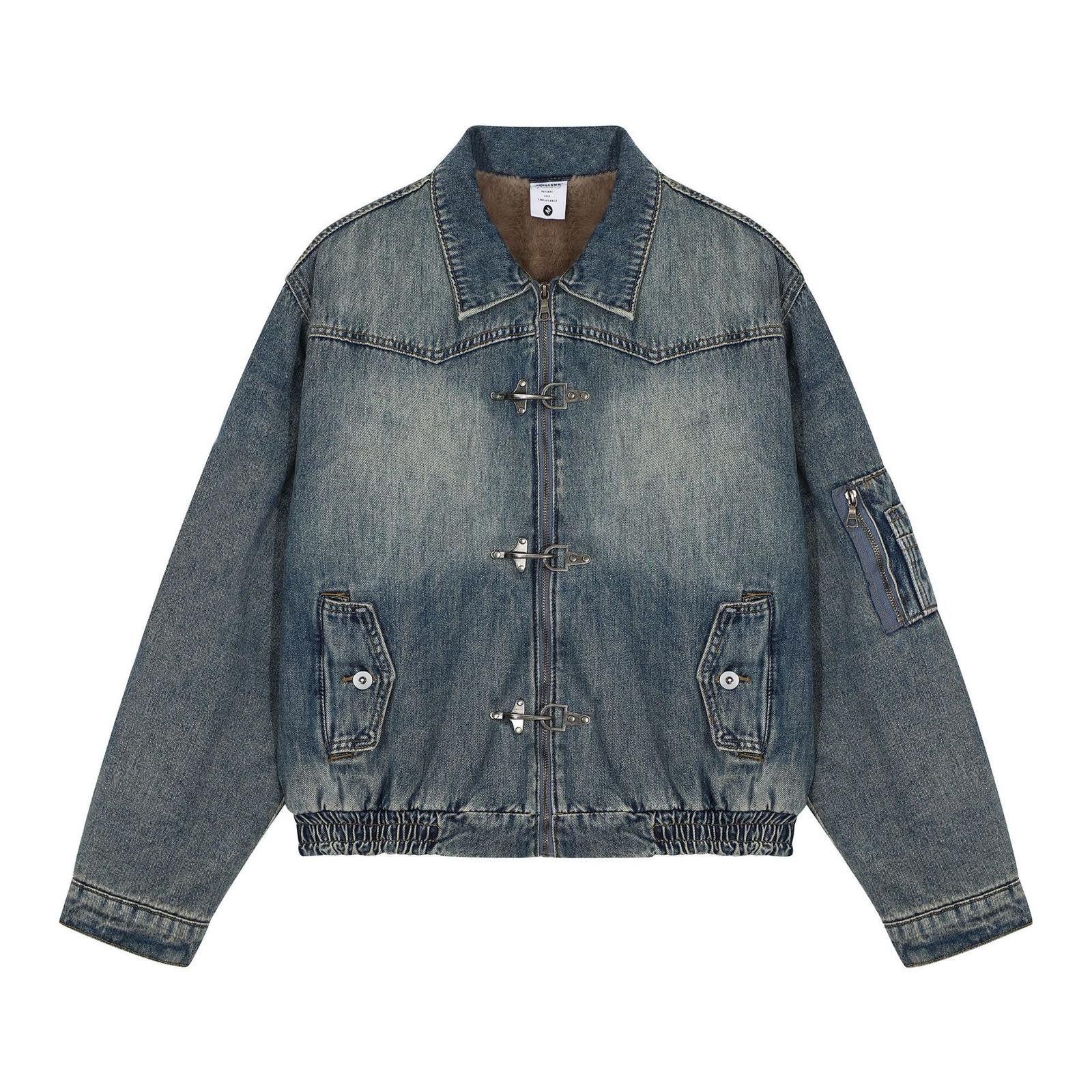 Jean Blue Washed Denim Jacket with Fireman Clasp, Faux Fur Lined Size US M / EU 48-50 / 2 - 5 Thumbnail