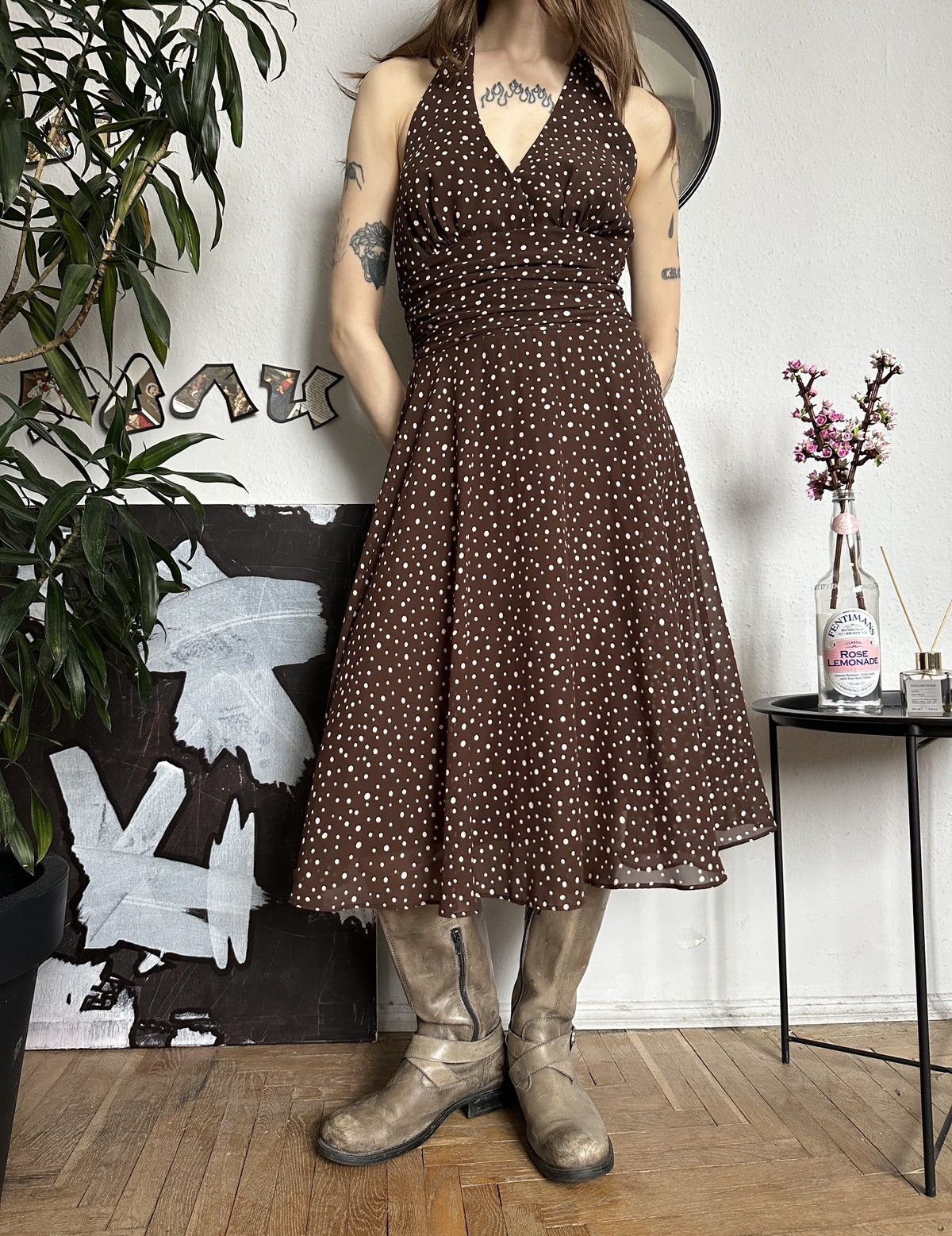 Vintage Vintage Polka dot Sexy Halter Midi Dress Cottage Size L / US 10 / IT 46 - 4 Thumbnail