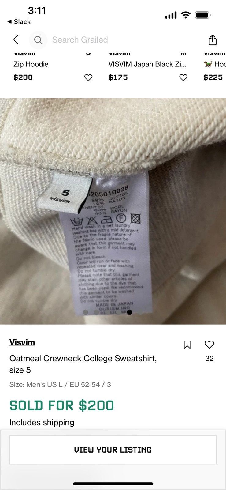 Visvim Oatmeal Crewneck College Sweatshirt, size 5 CUSTOM CROP Size US L / EU 52-54 / 3 - 18 Thumbnail