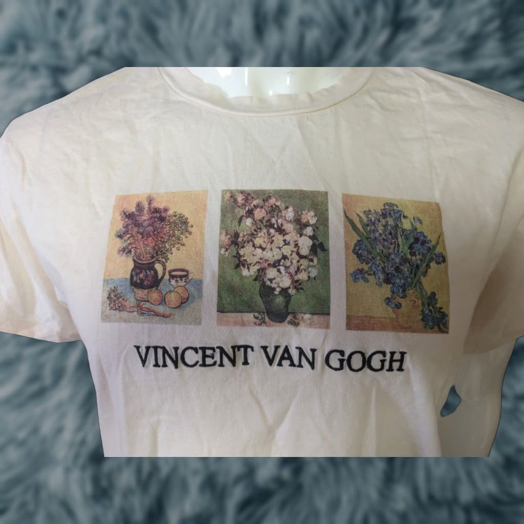 Vintage Womens T-Shirt Cropped Queen Bees Art XL White Vincent van Gogh Flowers Crew Neck Short Sleeve Size XL / US 12-14 / IT 48-50 - 1 Thumbnail