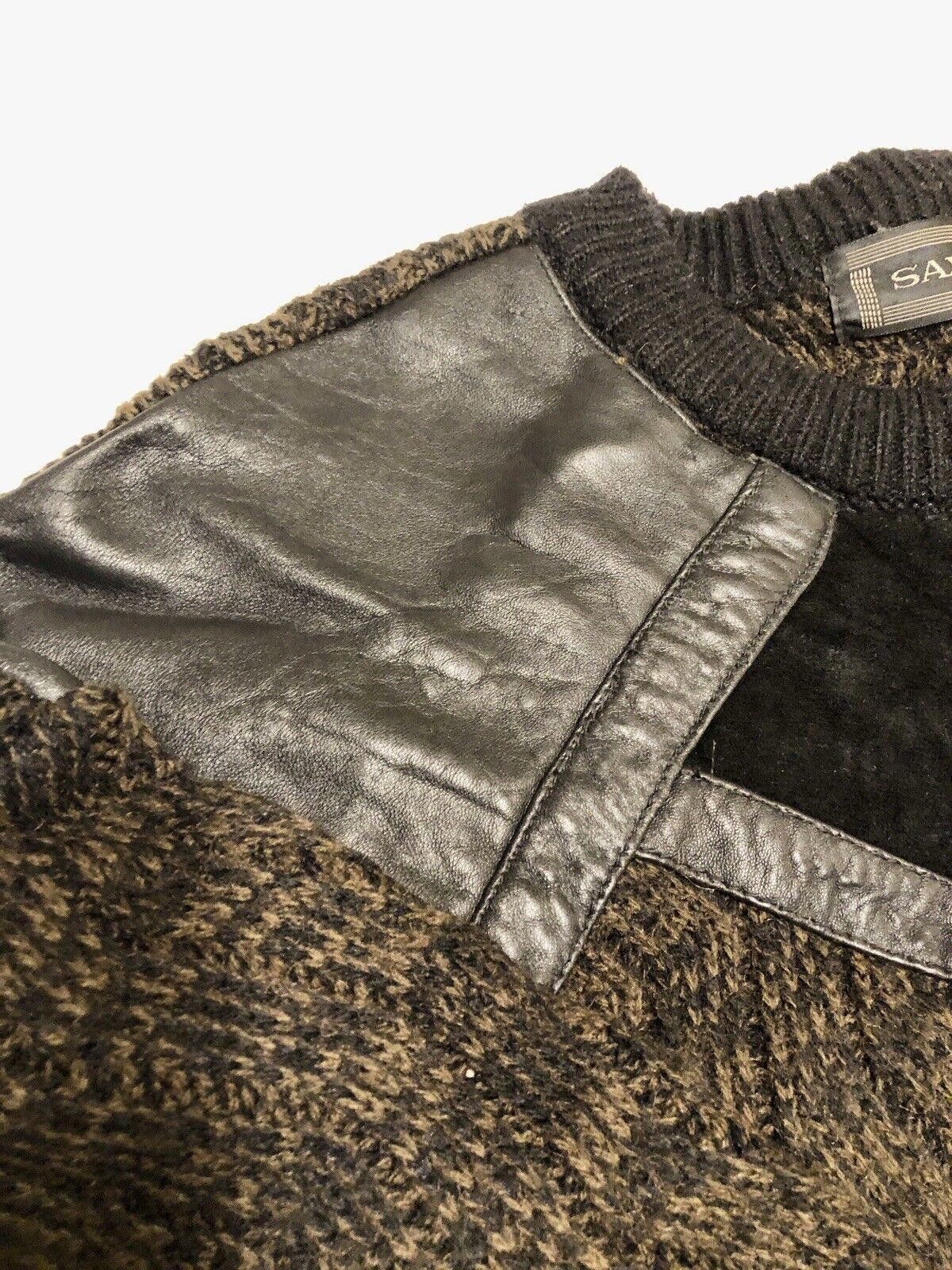 Designer VTG 80'S SAXONY Mens Brown With Black Leather Sweater Size US M / EU 48-50 / 2 - 2 Thumbnail