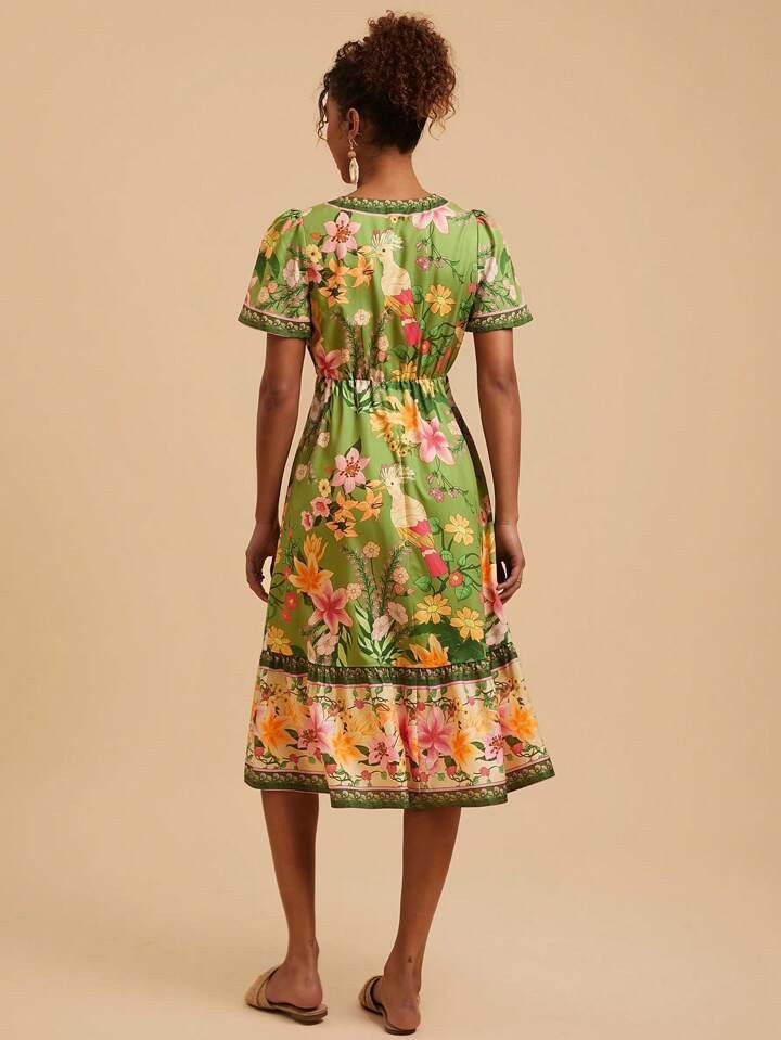Shein Shein Travachic Floral Print V-Neck Short Sleeve Midi Dress Size M / US 6-8 / IT 42-44 - 3 Thumbnail
