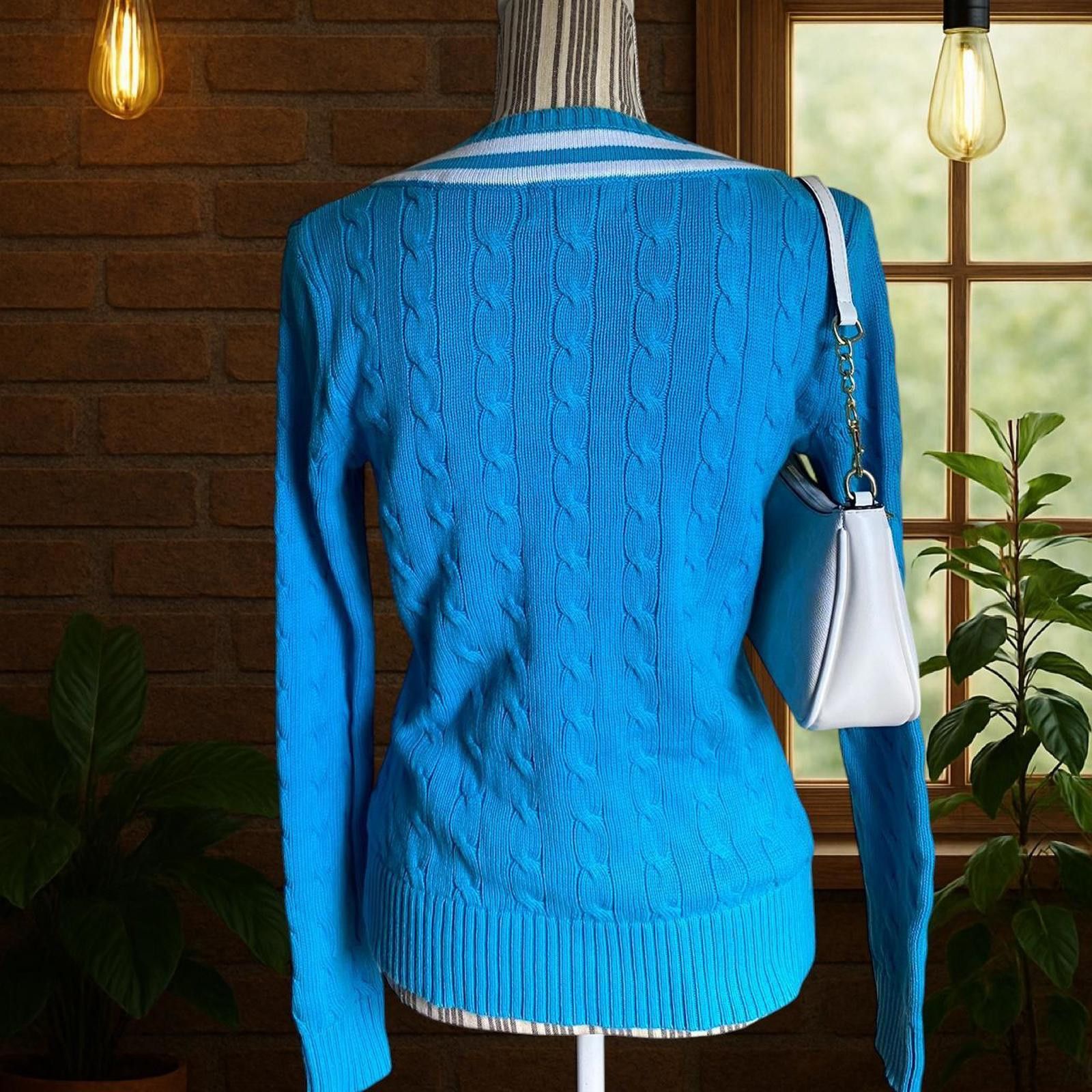 Lauren Ralph Lauren Blue V-neck sweater ribbed cable knit Size S / US 4 / IT 40 - 5 Thumbnail