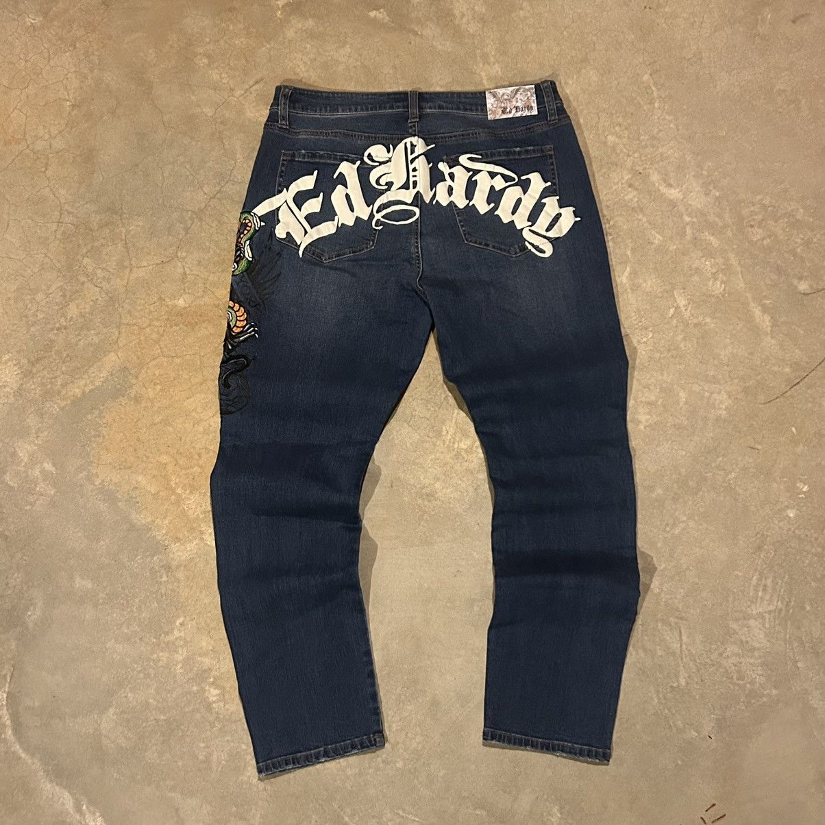 image of Crazy Vintage Y2K Ed Hardy Spellout Embroidered Jeans Skater in Blue, Men's (Size 36)