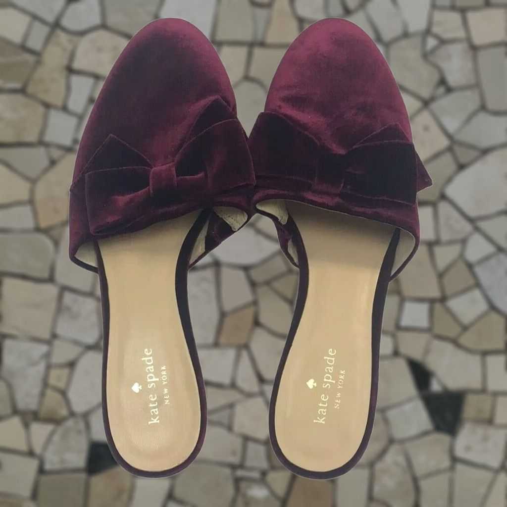 Vintage Kate Spade Sandal Women Slip-On Burgundy 9.5 Flat Velvet Bow Model 1236 Size US 10 / IT 40 - 1 Thumbnail