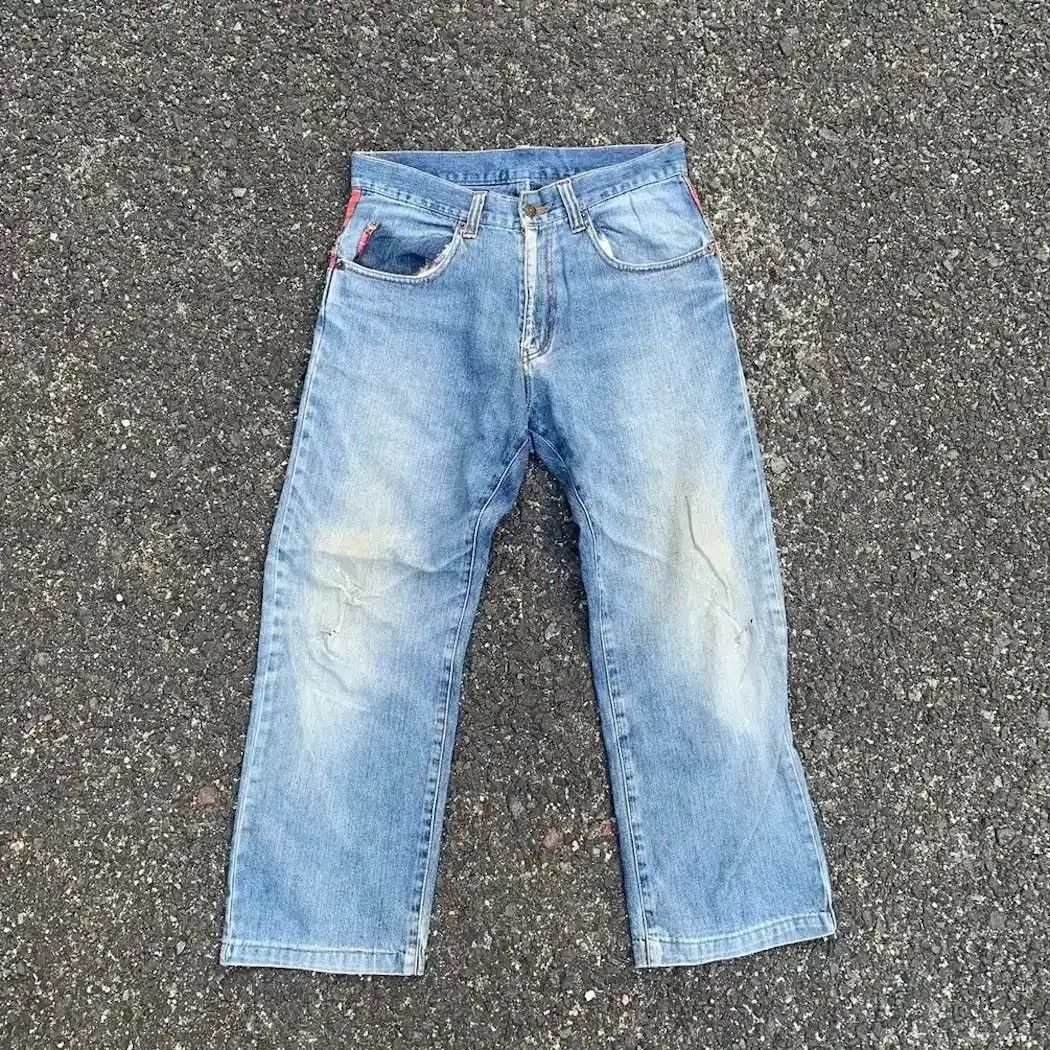 ANKLE PANTS JAPANESE VINTAGE DENIM FADED RIPPED CHECK PANTS
