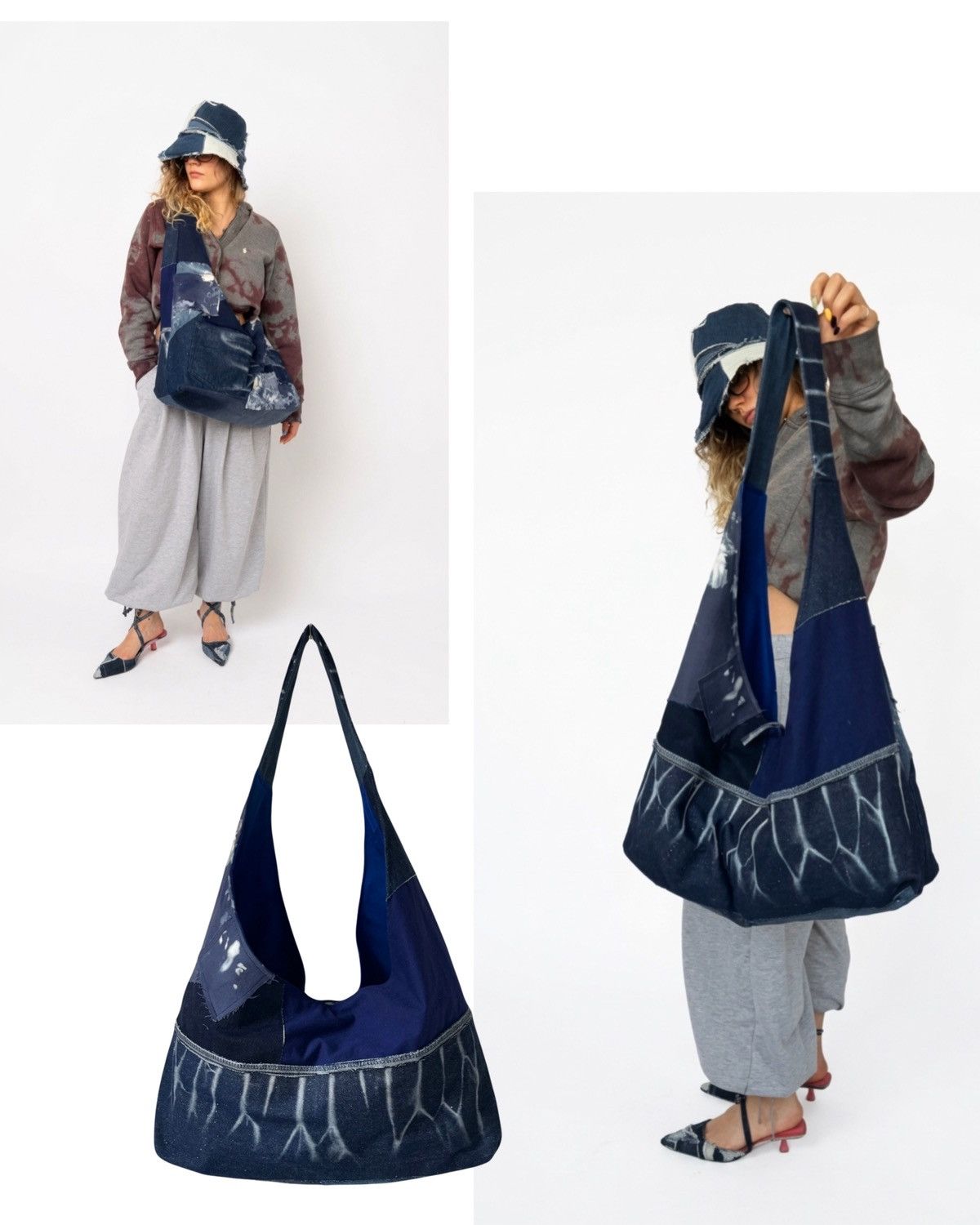 Custommade Handcrafted oversized messenger bag made from reworked denim Size ONE SIZE - 3 Thumbnail