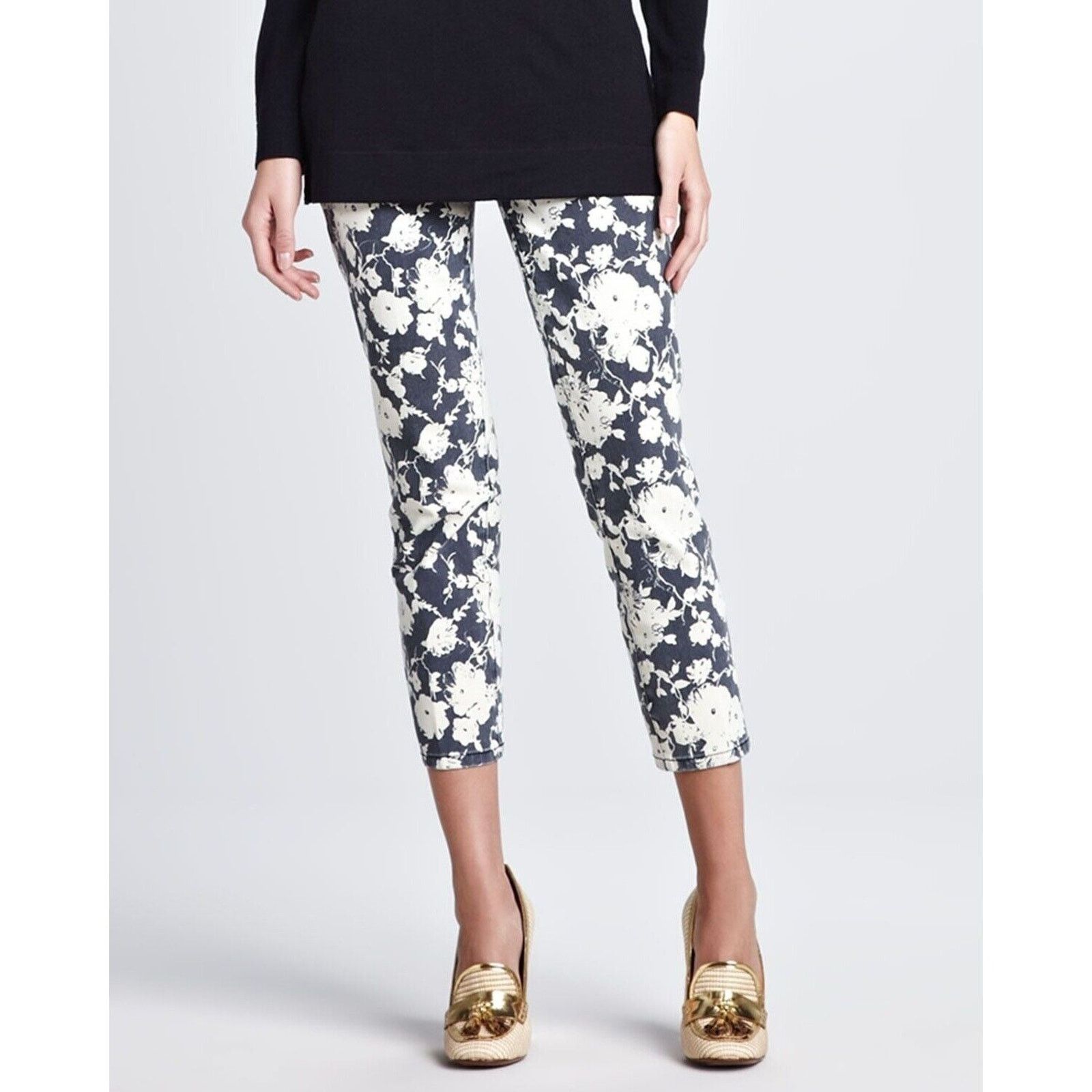 Tory Burch Alexa Cropped Mid-Rise Floral Skinny Jeans Sz 25