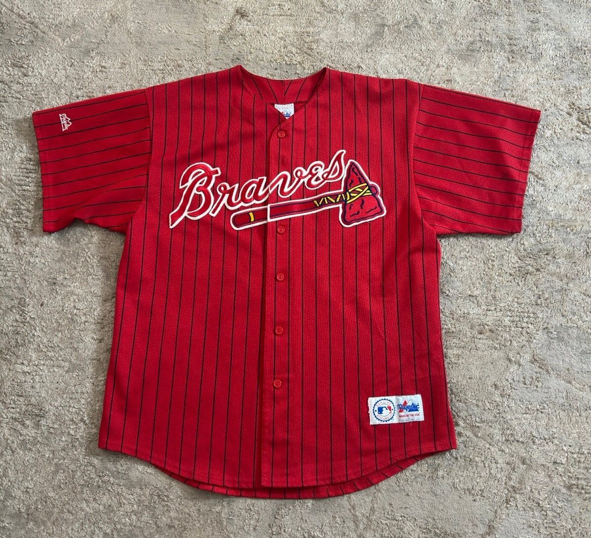 Majestic Vintage Majestic Atlanta Braves Red Pin Stripe Jersey 90s XL Size US XL / EU 56 / 4 - 1 Thumbnail