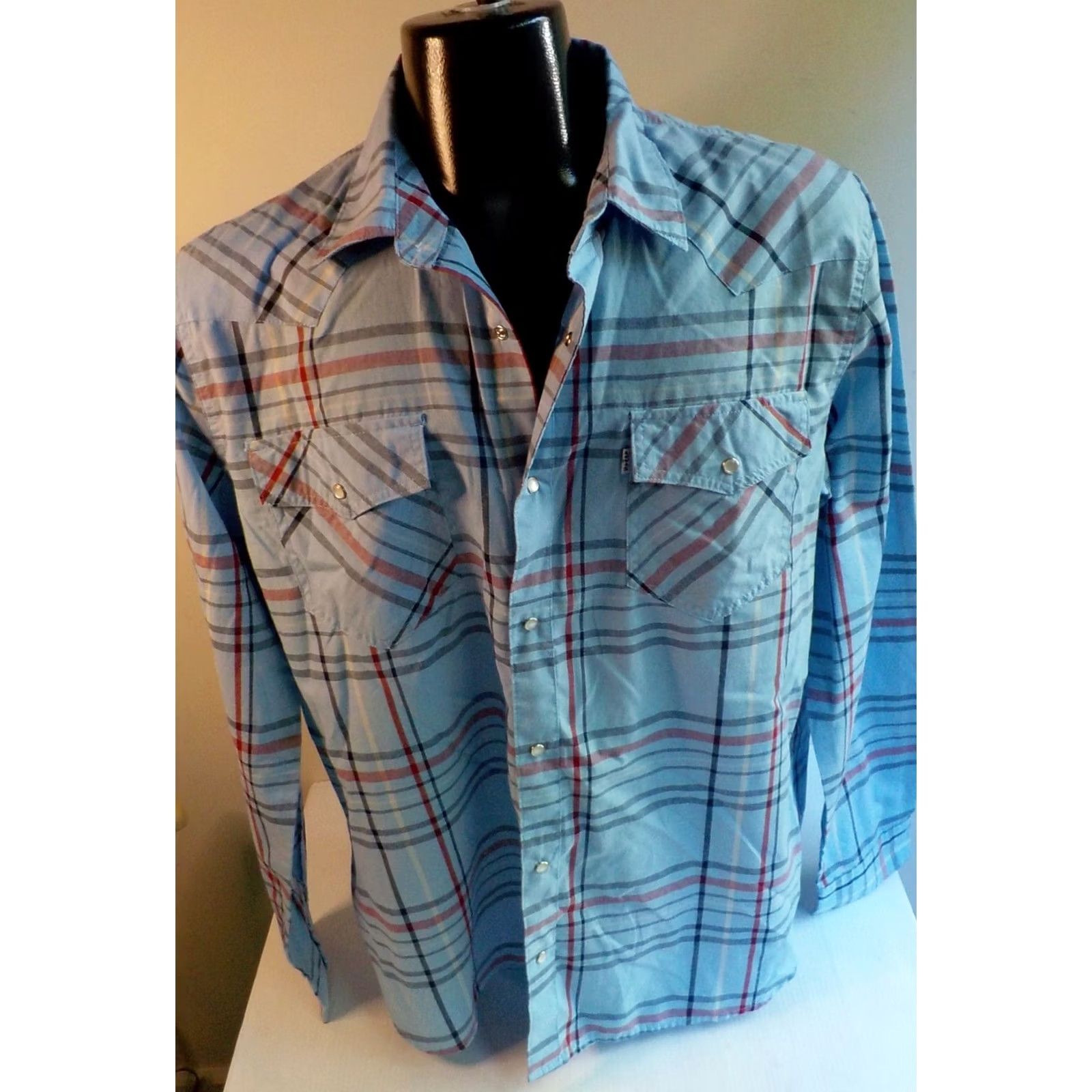 Levi's LEVI'S Western Cut Pearl Snap Plaid Shirt-Light Blue Cotton Blend LG Mens Shirt Modern Size US L / EU 52-54 / 3 - 2 Thumbnail