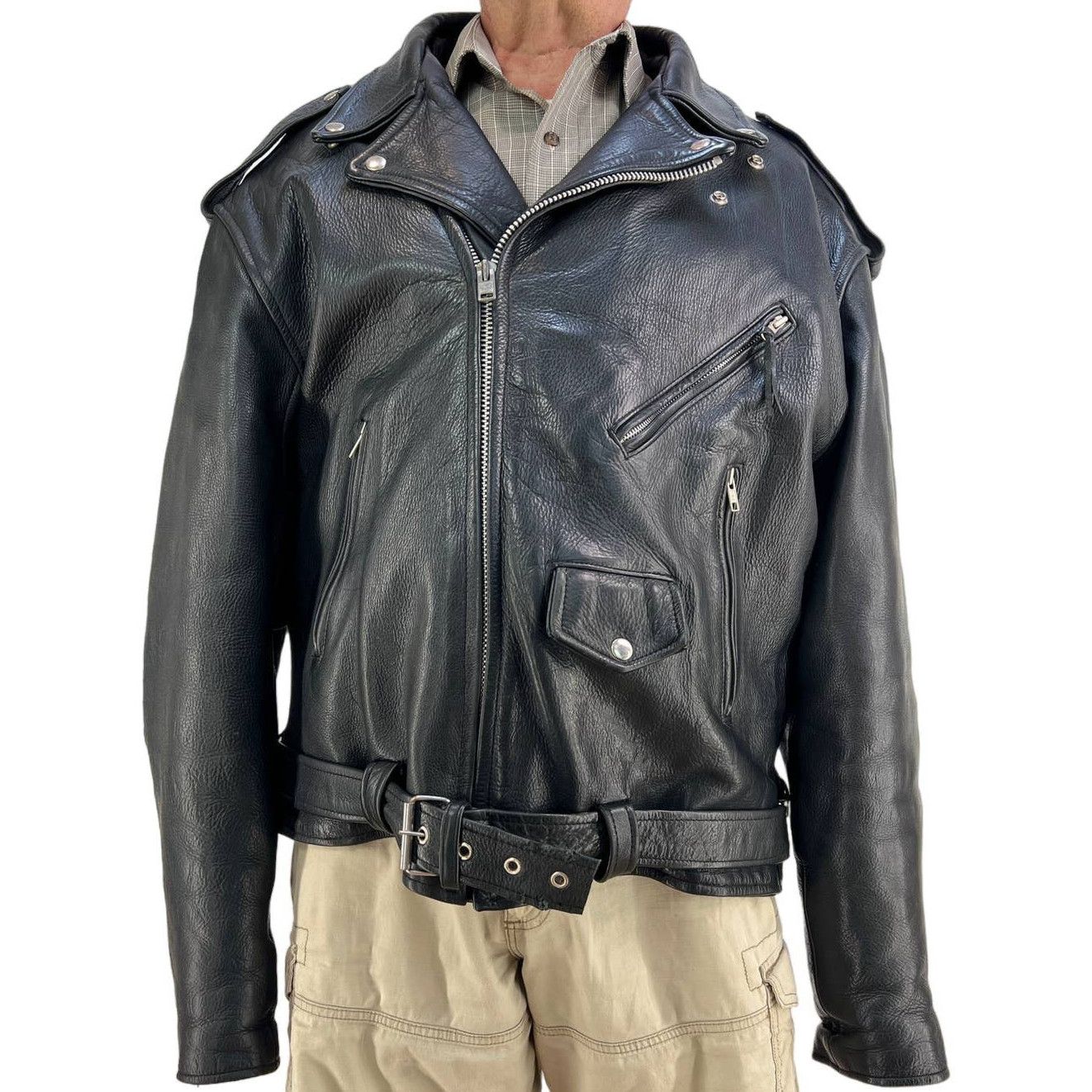 Image of Park V Black Leather Biker Jacket Vintage Thinsulate Lining, Men's (Size 2XL)