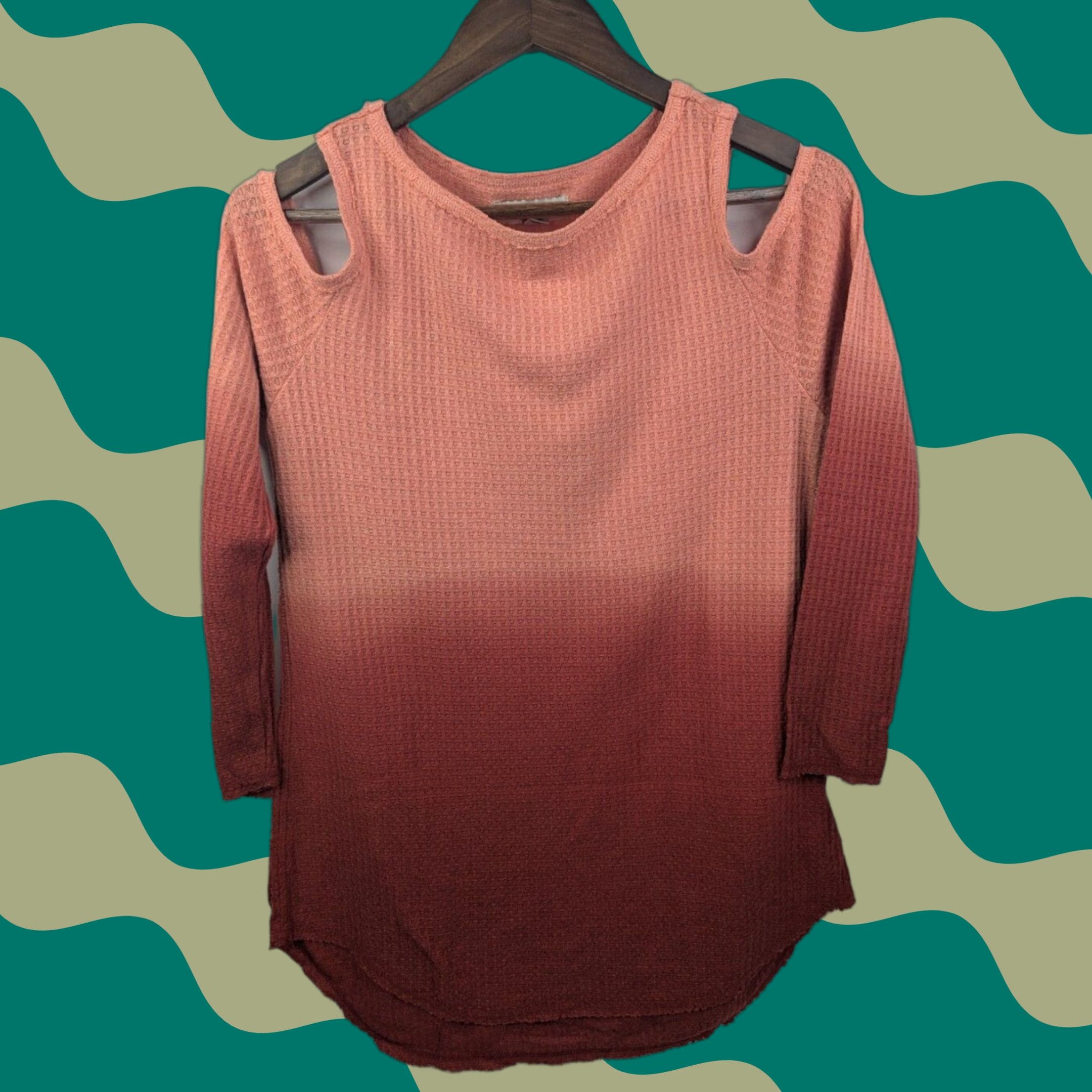 Vintage Knox Rose Blouse Women M Orange Cold Shoulder Ombre Dip Dye Waffle Knit Crew Neck Pullover Casual Shirt Size M / US 6-8 / IT 42-44 - 1 Thumbnail