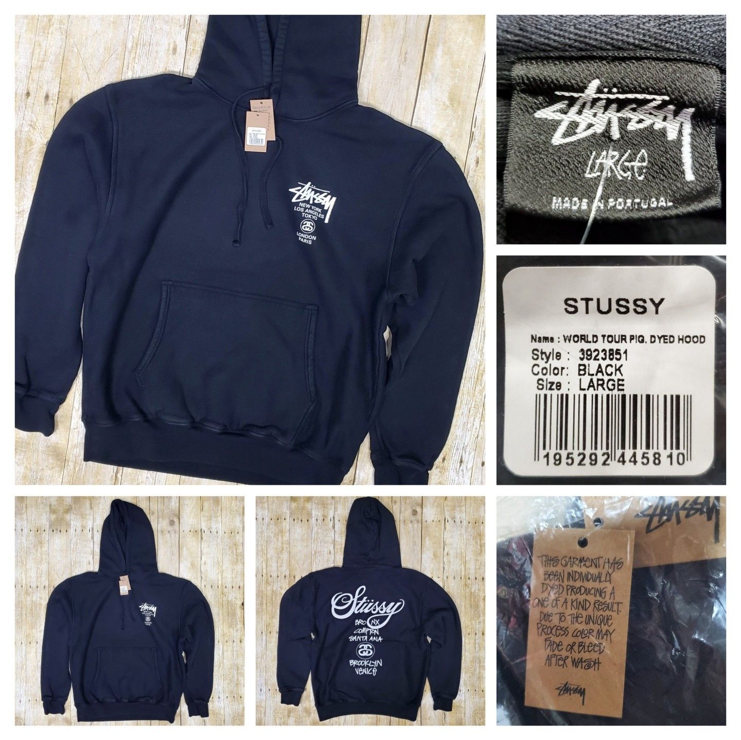 image of Deadstock x Stussy New Stussy World Tour Pigment Dyed Hoodie Black Fw23 in Black White (Size Large)