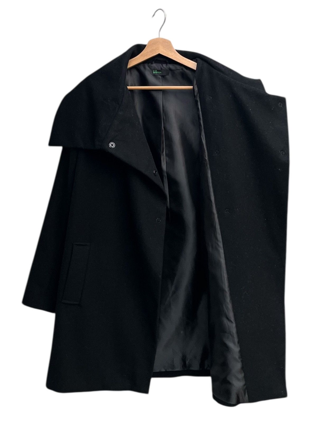 United Colors Of Benetton Stile Benetton Asymmetric Wool Wrap Coat Funnel Neck Black Size S / US 4 / IT 40 - 3 Thumbnail