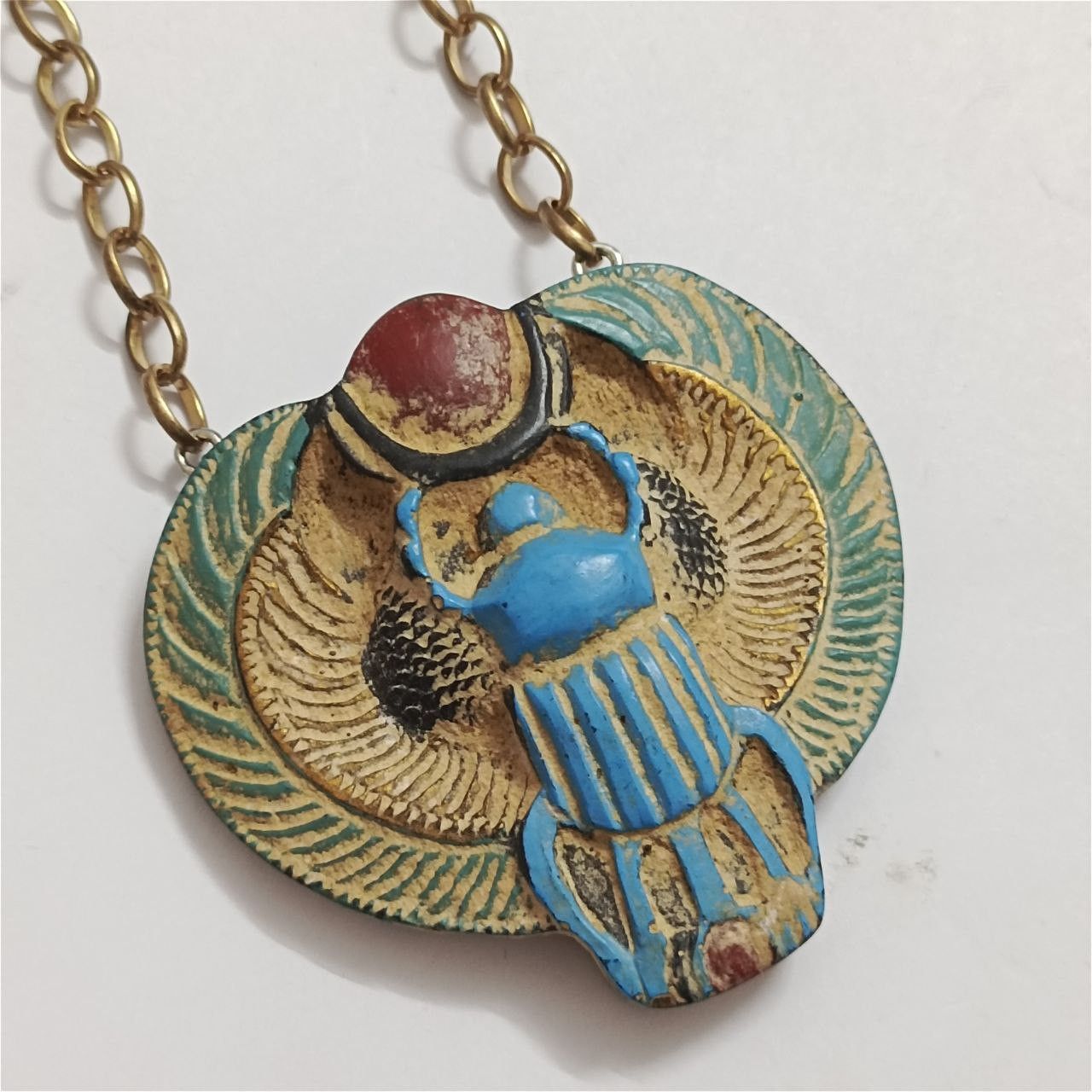 Handmade Handmade Egyptian Scarab Necklace with Wings & Red Sun Size ONE SIZE - 4 Thumbnail