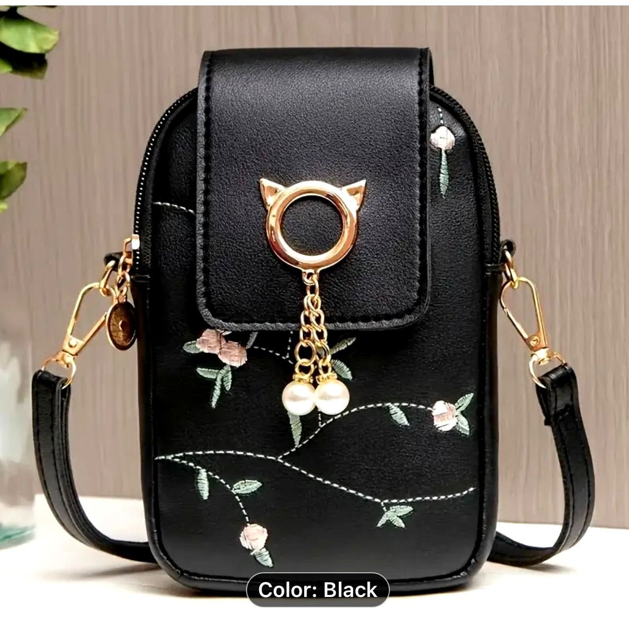 Other Embroidered Cat Crossbody Phone Bag Magnetic Closing Black Size ONE SIZE - 2 Thumbnail