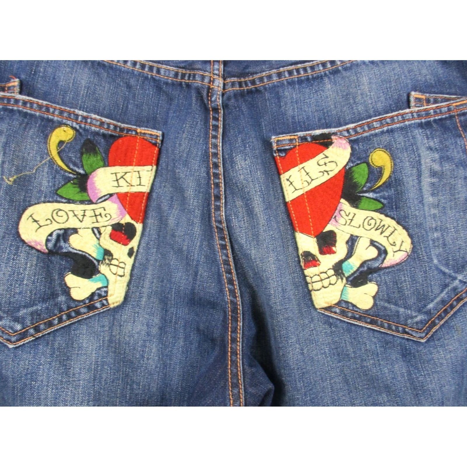 Ed Hardy VINTAGE Ed Hardy by Christian Audigier Jeans 38 Blue Embroidered Love Kills Slowly Mens Size US 38 / EU 54 - 3 Thumbnail