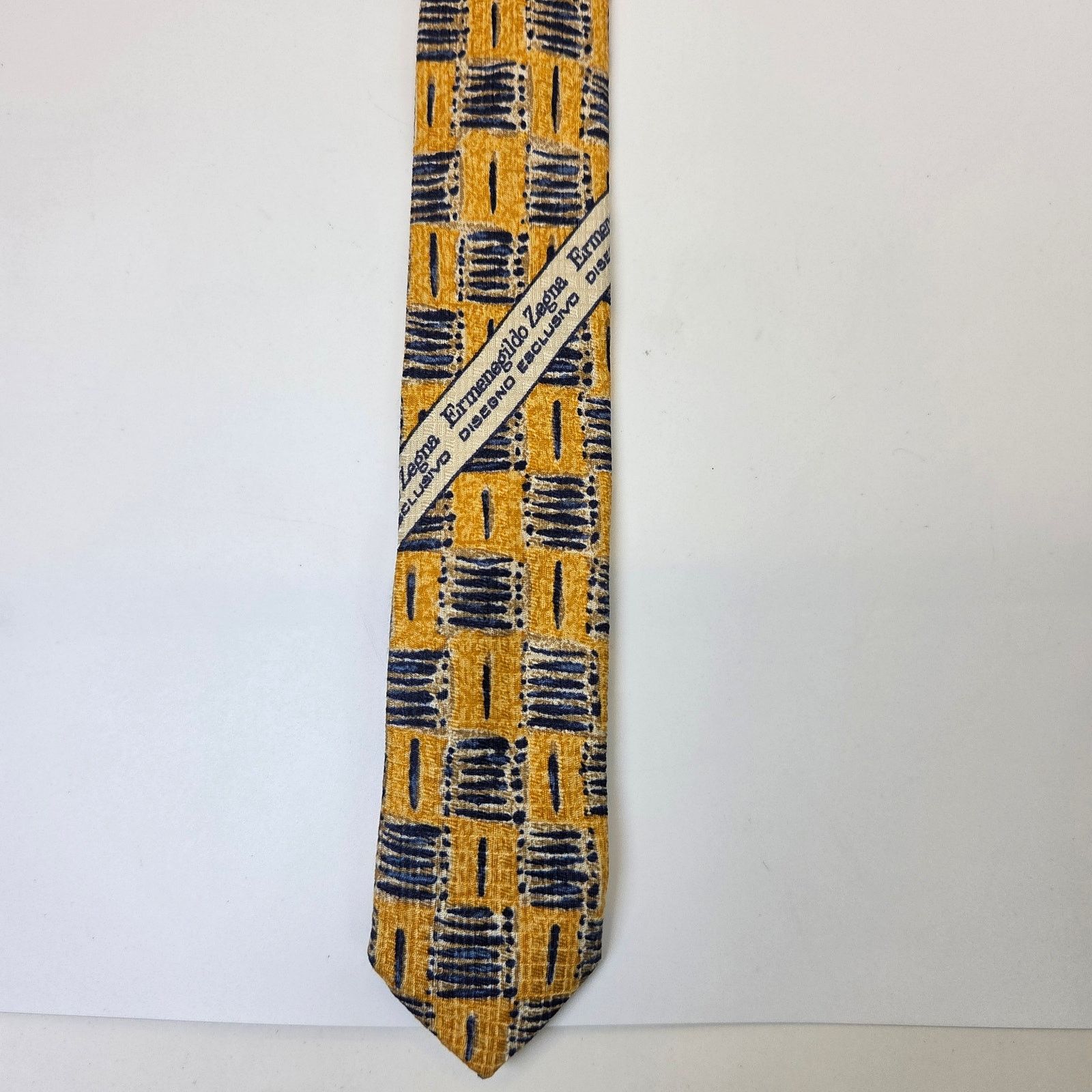 Ermenegildo Zegna Ermenegildo Zegna Silk Tie Gold Navy Geometric 4" Italy Size ONE SIZE - 4 Thumbnail