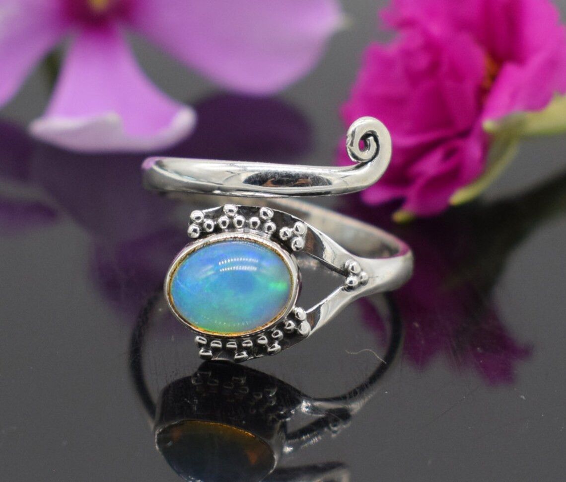 Handmade Adjustable Ethiopian Opal Ring: Handmade 925 Sterling Silver Size ONE SIZE - 1 Thumbnail