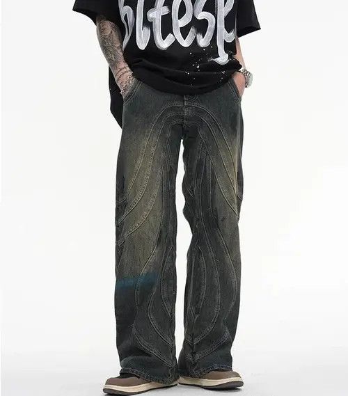 Jean Y2K Painted Circle Striped Baggy Jeans Size US 33 - 1 Thumbnail
