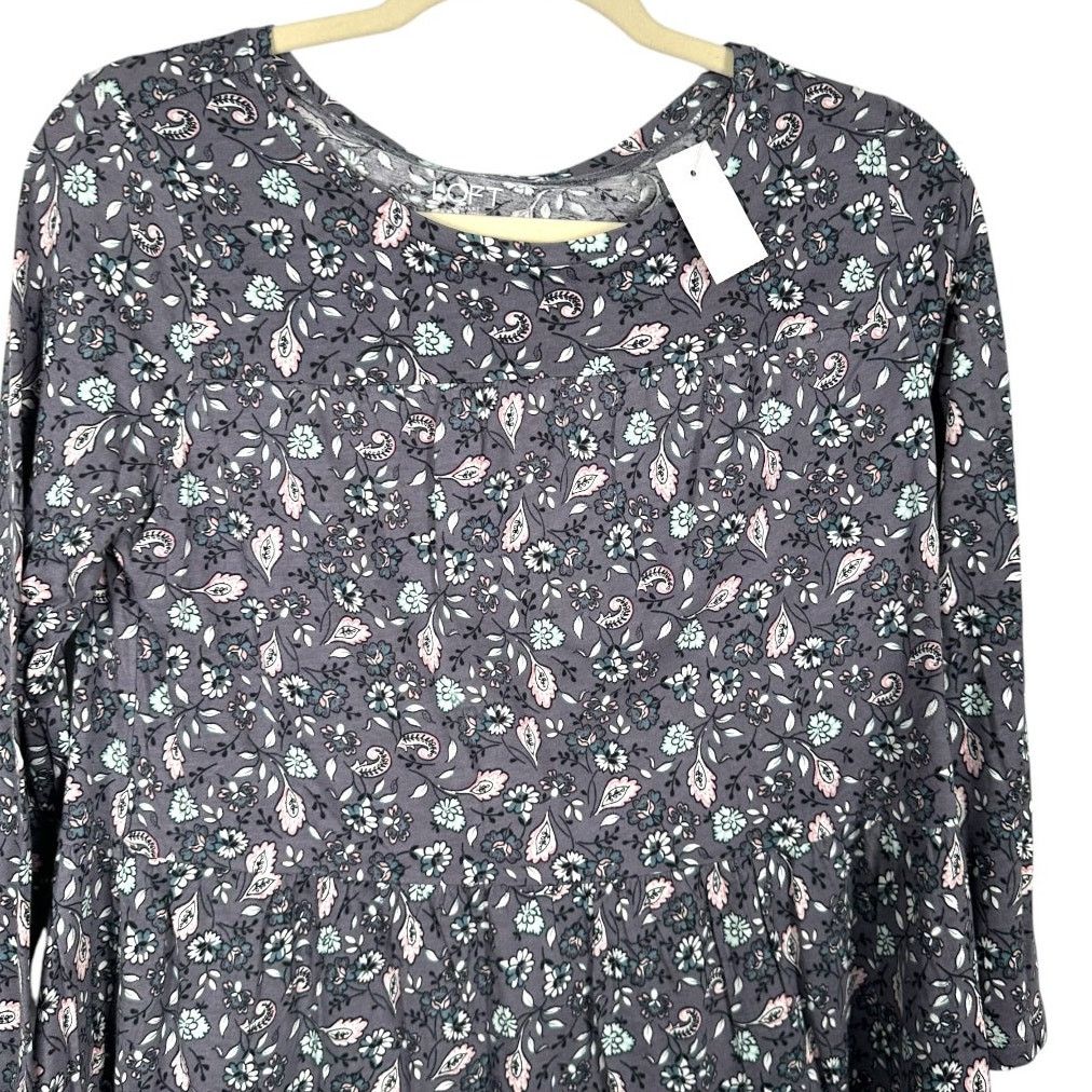 Ann Taylor LOFT Gray with Pink White Floral Design Babydoll Top Small Size S / US 4 / IT 40 - 2 Thumbnail